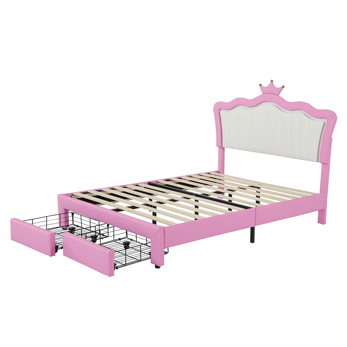 Crown Full Size Princess Bed with Storage Drawers for Girls,Cute Full Size Bed Frame for Kids,Full Upholstered Bed Frame with LED Lights,Girls Bed Full Size,Pink Bellemave