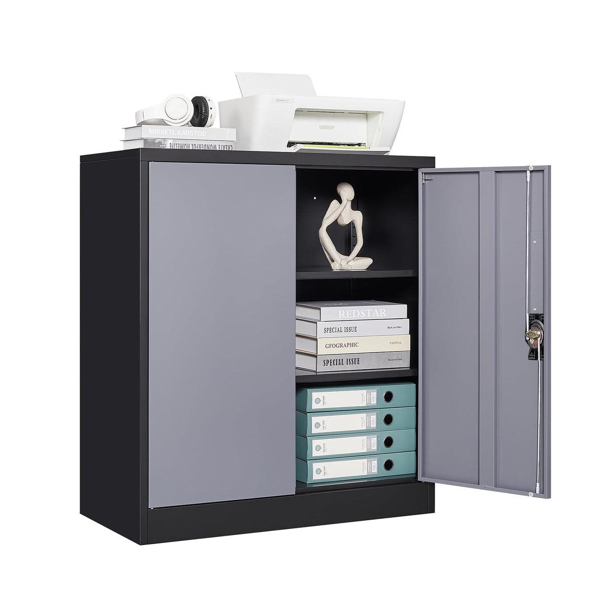 STANI Metal Storage Cabinet with 2 Adjustable Shelves, Steel Counter Cabinet with Lockable Doors for Home Office Warehouse Garage (Black Grey, 36" H-Style 2) STANI