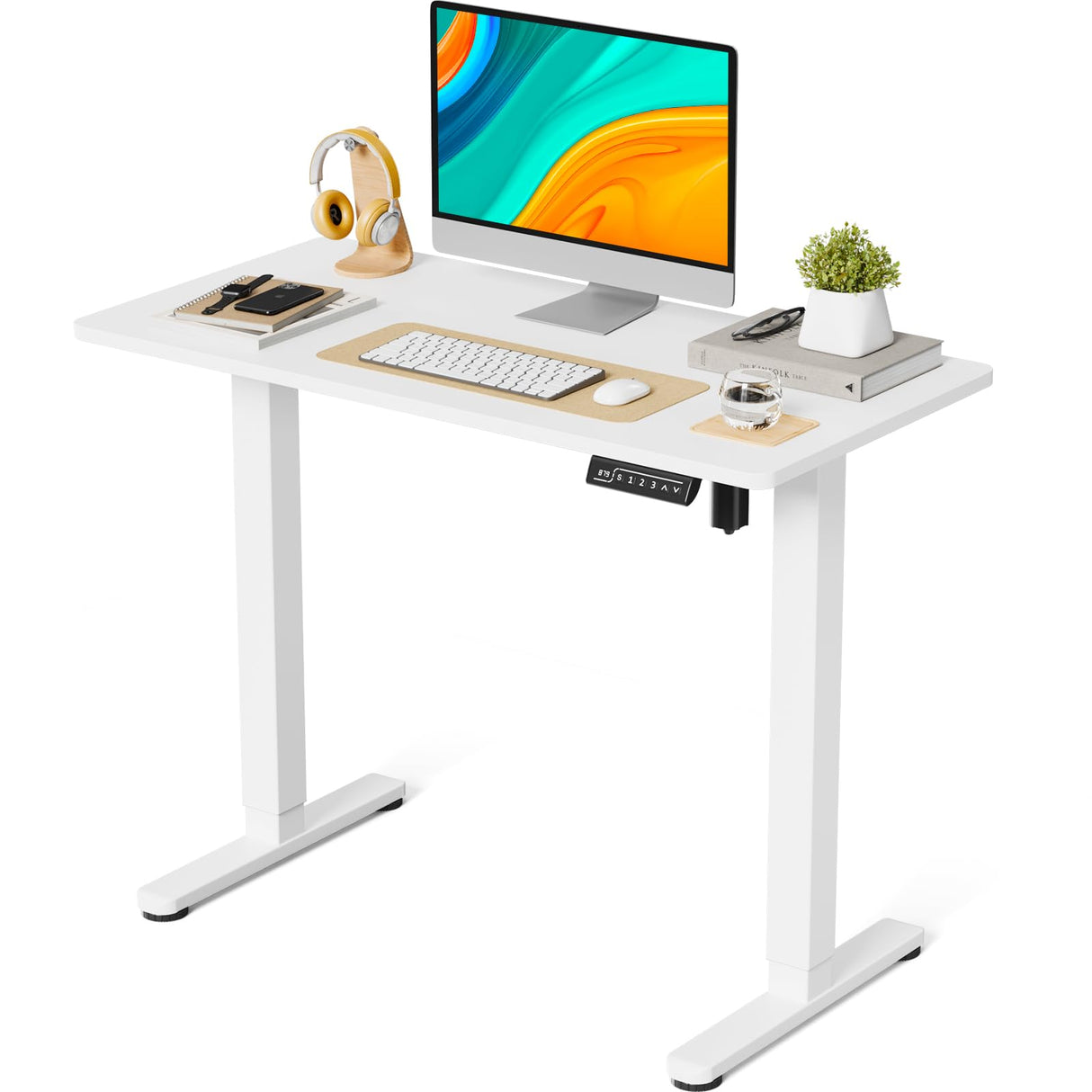 JOY worker Small Electric Standing Desk, 40" x 20" Whole Piece Height Adjustable Desk with Memory Controller, White Sit to Stand Desk Workstation for Home Office JOY worker