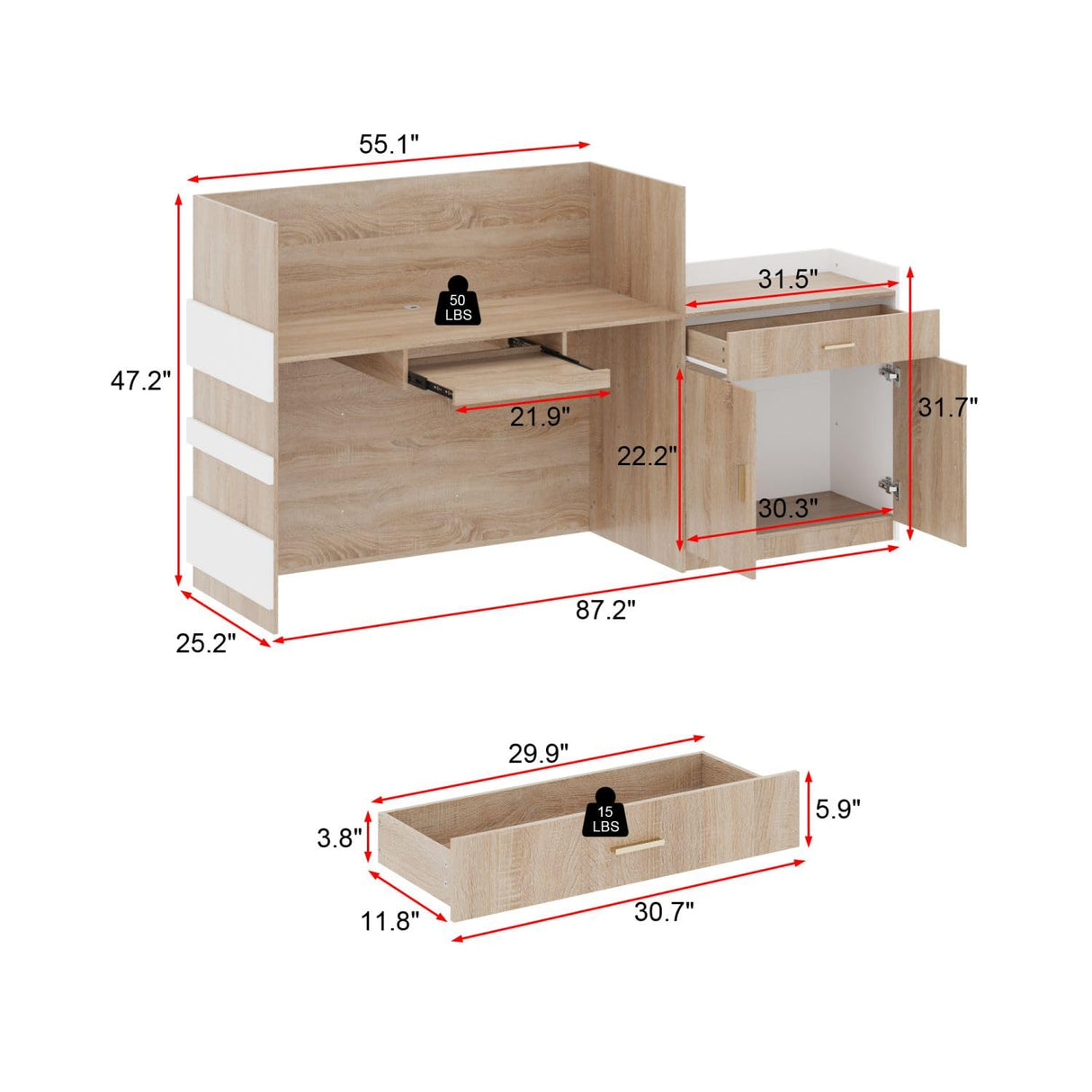 FAMAPY Reception Desk with Drawer & Cabinet, Reception Counter Desk with Keyboard Tray, Front Reception Table Retail Counter for Checkout, for Office Store, Oak and White, 25.2”D x 87.2”W x 47.2”H FAMAPY