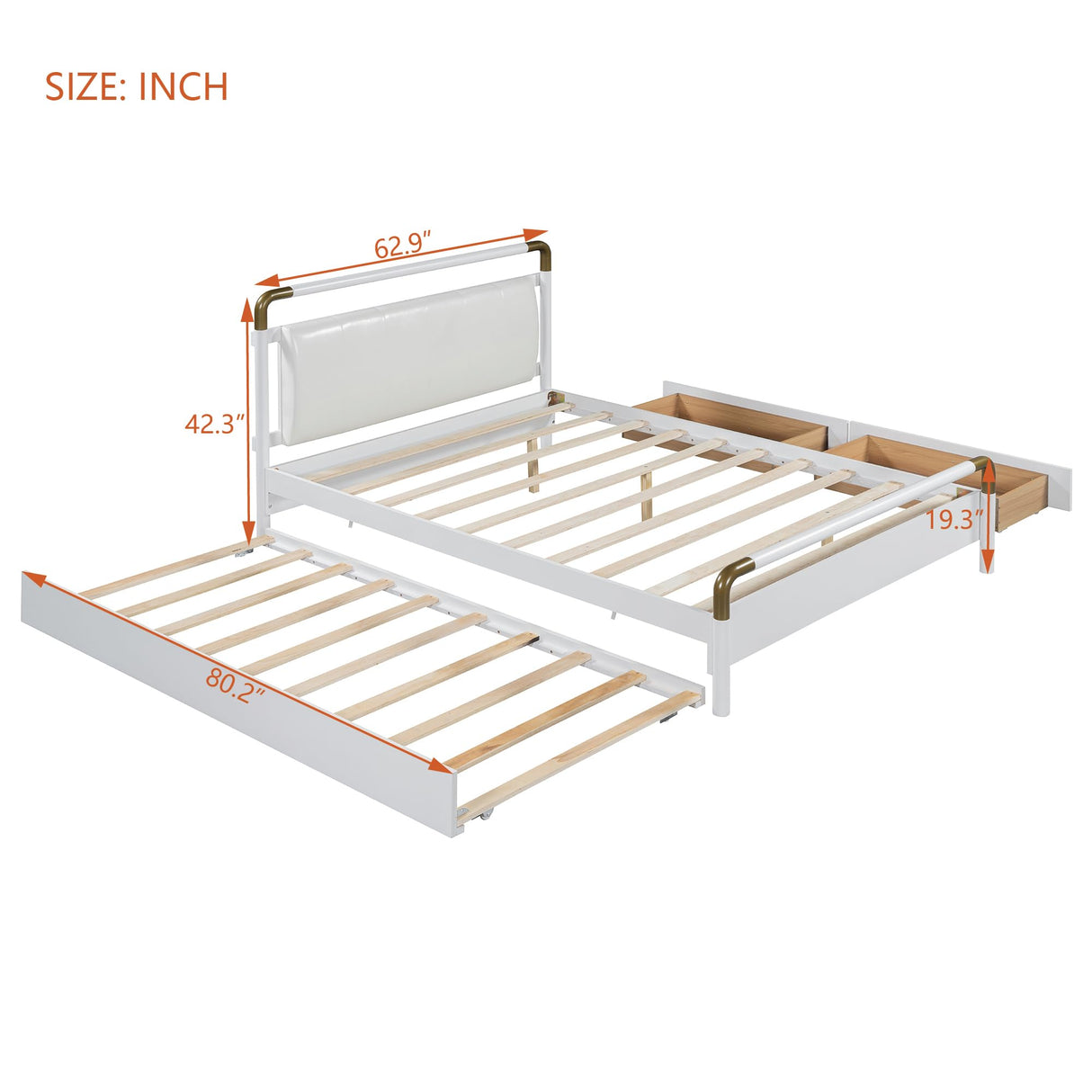 Merax Queen Size Wooden Bed Frame with PU Leather Backrest, Modern Platform Bed & Two Storage Drawers and Trundle for Bedroom, No Box Spring Needed, Easy Assembly, White Merax