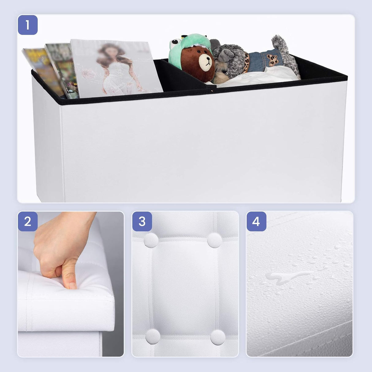 COSYLAND Ottoman Bench with Storage - 30x15x15in Folding Leather Ottoman, Rectangle Foot Stool Foldable Storage Chest Ottoman Footrest Footstool Collapsible with Lid for Bedroom Living Room White COSYLAND