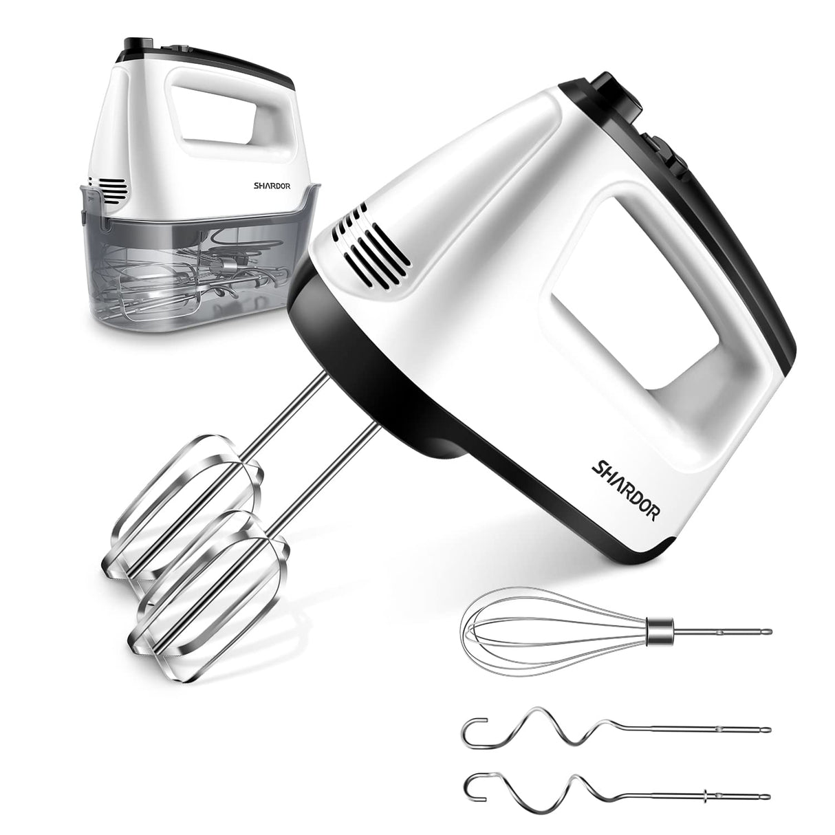 SHARDOR Hand Mixer Electric, 6 Speed & Turbo Mixer Electric Handheld, Snap-On Storage Case,5 Stainless Steel Accessories for Whipping, Mixing Cookies, Brownie, Cakes, Dough Batters, White SHARDOR