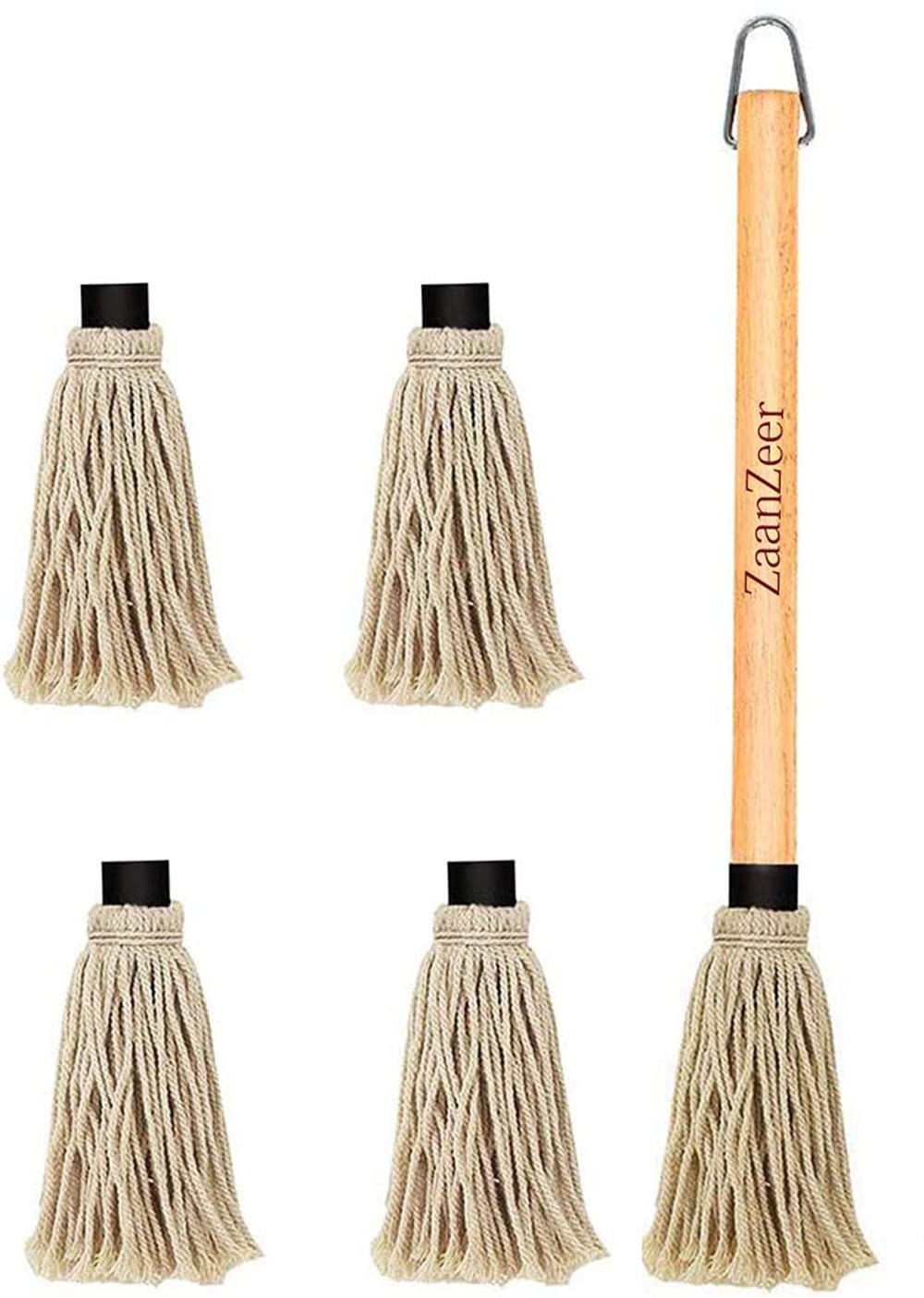 ZaanZeer 18 Inches BBQ Mop with Wooden Handle and 4 Extra Replacement Cotton Fiber Basting Mop Heads for Grilling and Smoking Steak ZaanZeer