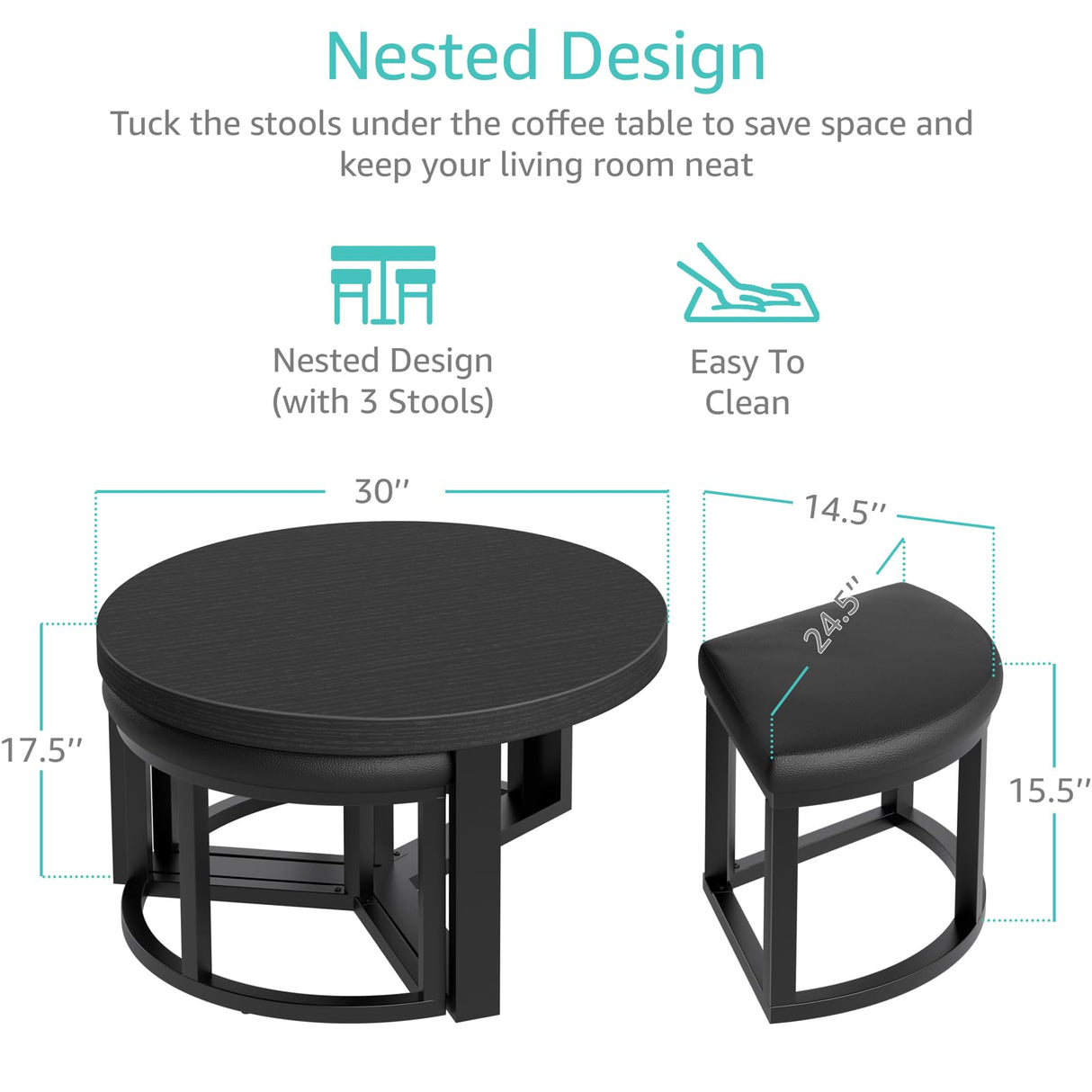 IGERI Round Coffee Table with Stools Underneath - 30 Inch Small Modern Tables Set with 3 Chairs Ottomans Seating Seats Black Wood IGERI
