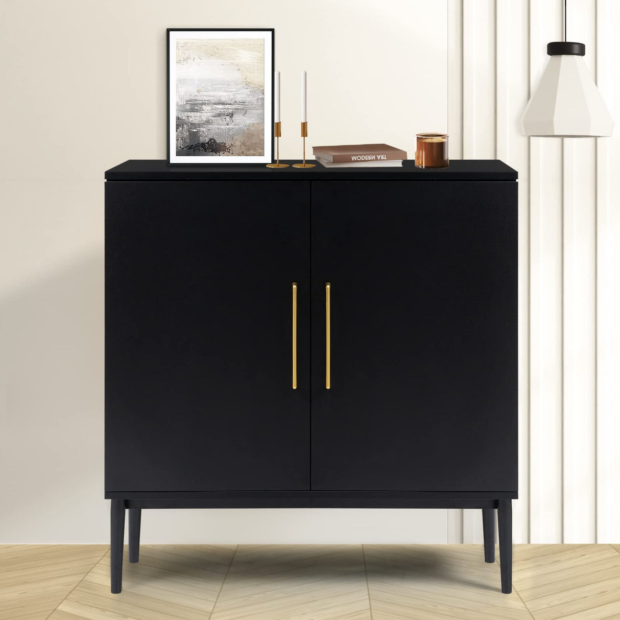 KFO Storage Cabinet with Doors, Black Accent Cabinet, Modern Free Standing Cabinet, Black Sideboard with Metal Base for Bedroom, Living Room, Kitchen and Office KFO