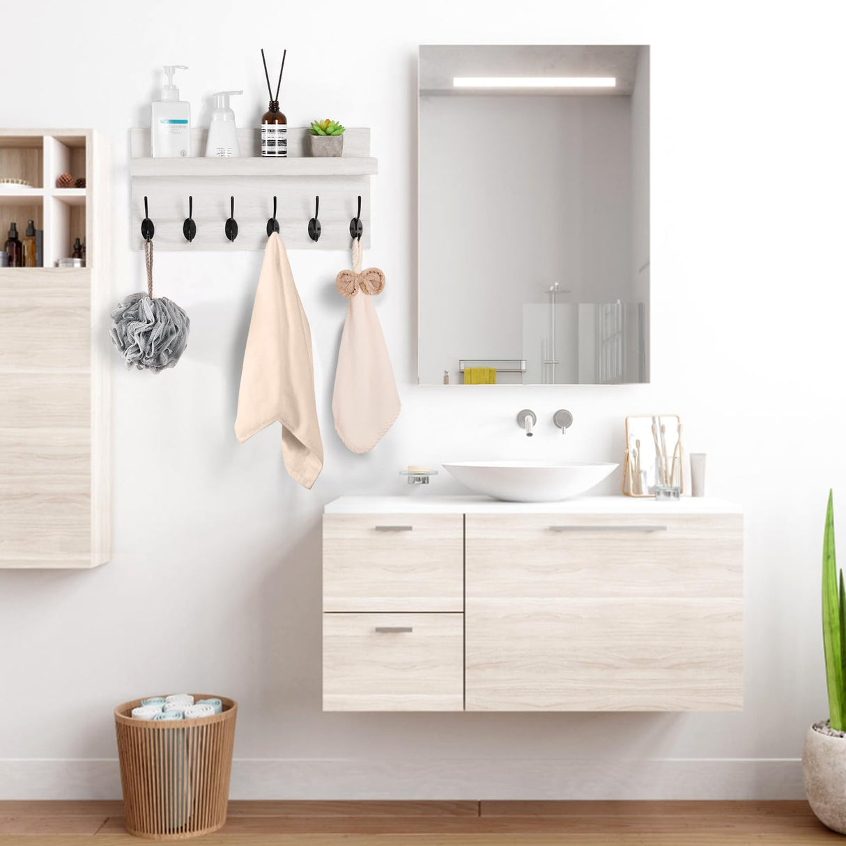 HRONRAD Shelf with Hooks, Coat Rack Wall Mount with 6 Double Metal Hooks, 17 Inch Farmhouse Wall Hooks with Shelf for Entryway, Bathroom, Kitchen, White HRONRAD