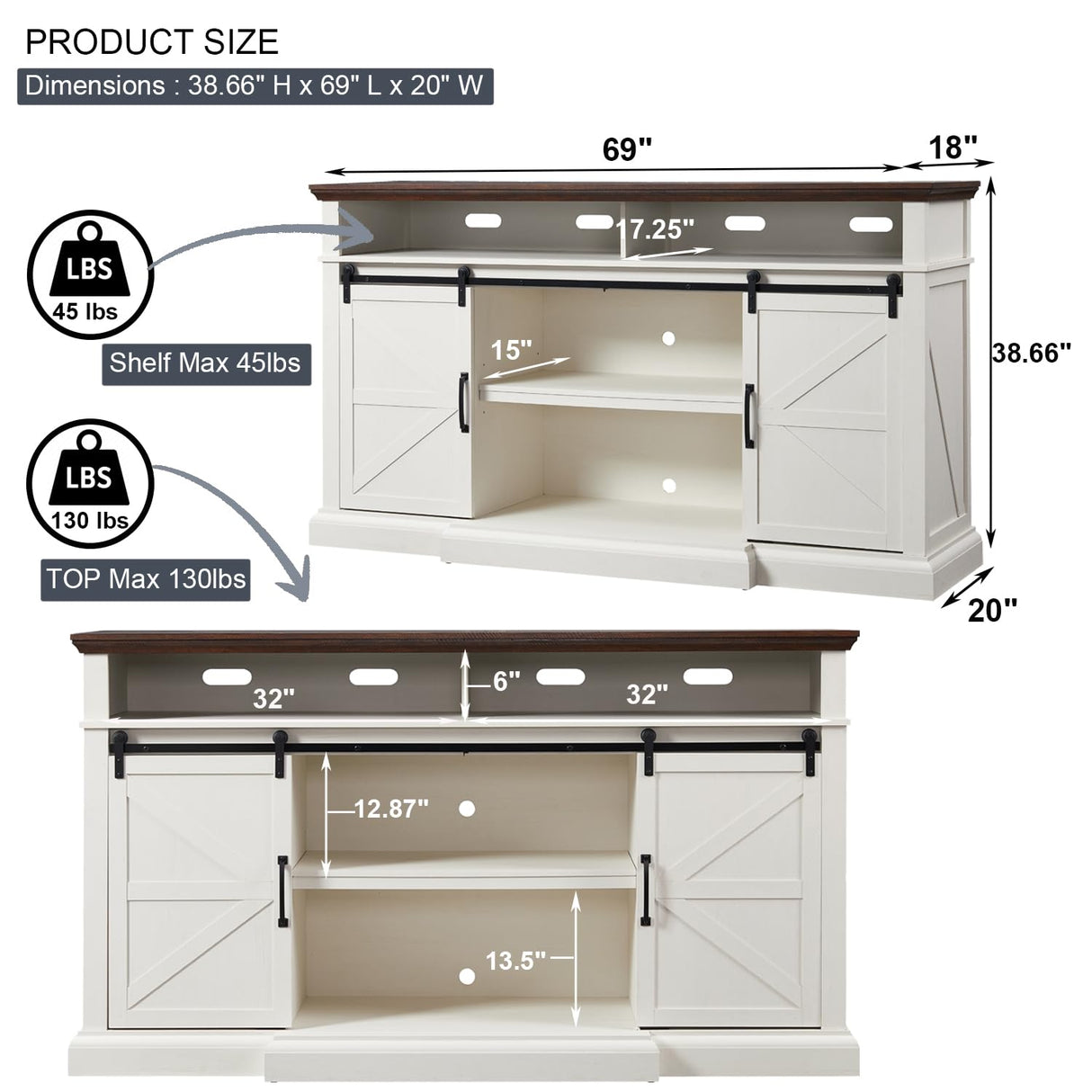 Farmhouse TV Stand for 80 Inch TVs, 38" Tall Entertainment Center w/Storage Cabinets and Sliding Barn Door, Media Console Cabinet w/Soundbar & Adjustable Shelves for Living Room, 69inch (White) IFGET