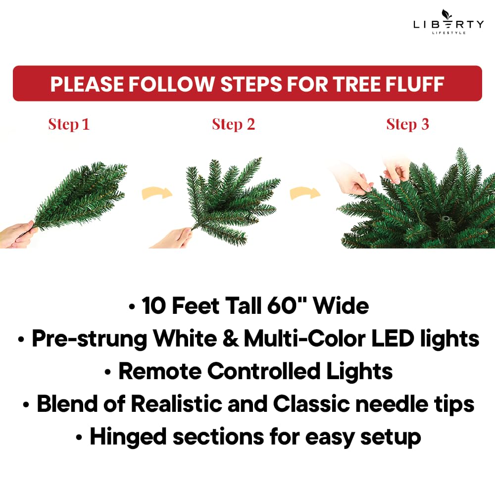 Liberty Lifestyle Christmas Tree 10 ft- Pre-Lit White and Multi-Color Premium LED Lights - Artificial Full Christmas Tree Includes Stand, Remote, and Free Bag Liberty Lifestyle