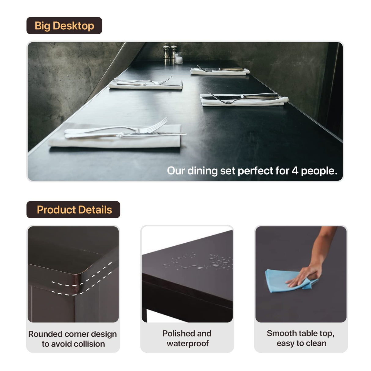 Kitchen Table and Chairs for 4, 5 Piece Wooden Dining Table Set with 4 Chairs for Small Space, Modern Square Counter Height Dining Room Table for Kitchen, Restaurant, Dark Brown Dkeli