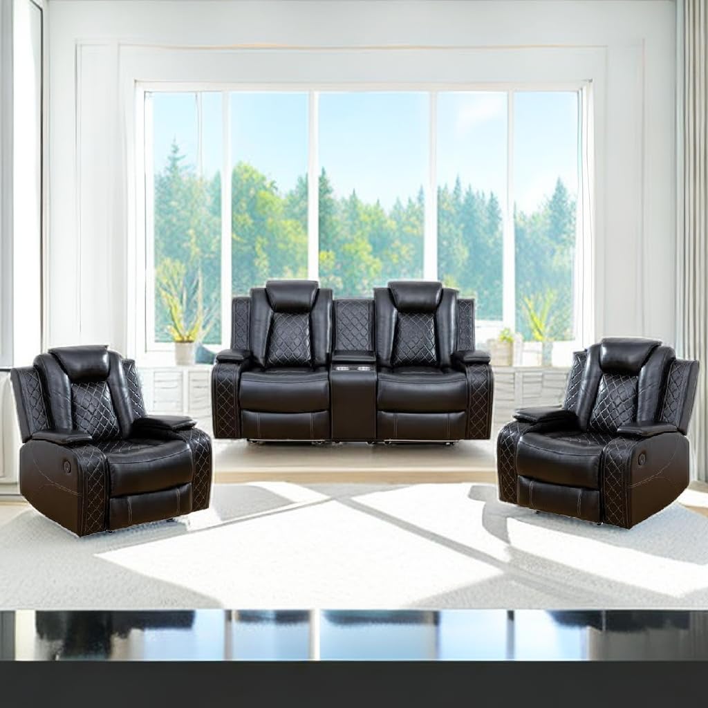 AYCP Multifunction Power Air Leather Recliner Sofa Set with LED Lights, Living Room Furniture, Reclining Sofa, loveseat, Chair with USB Port/Storage (Black, Loveseat+2 Chairs) AYCP