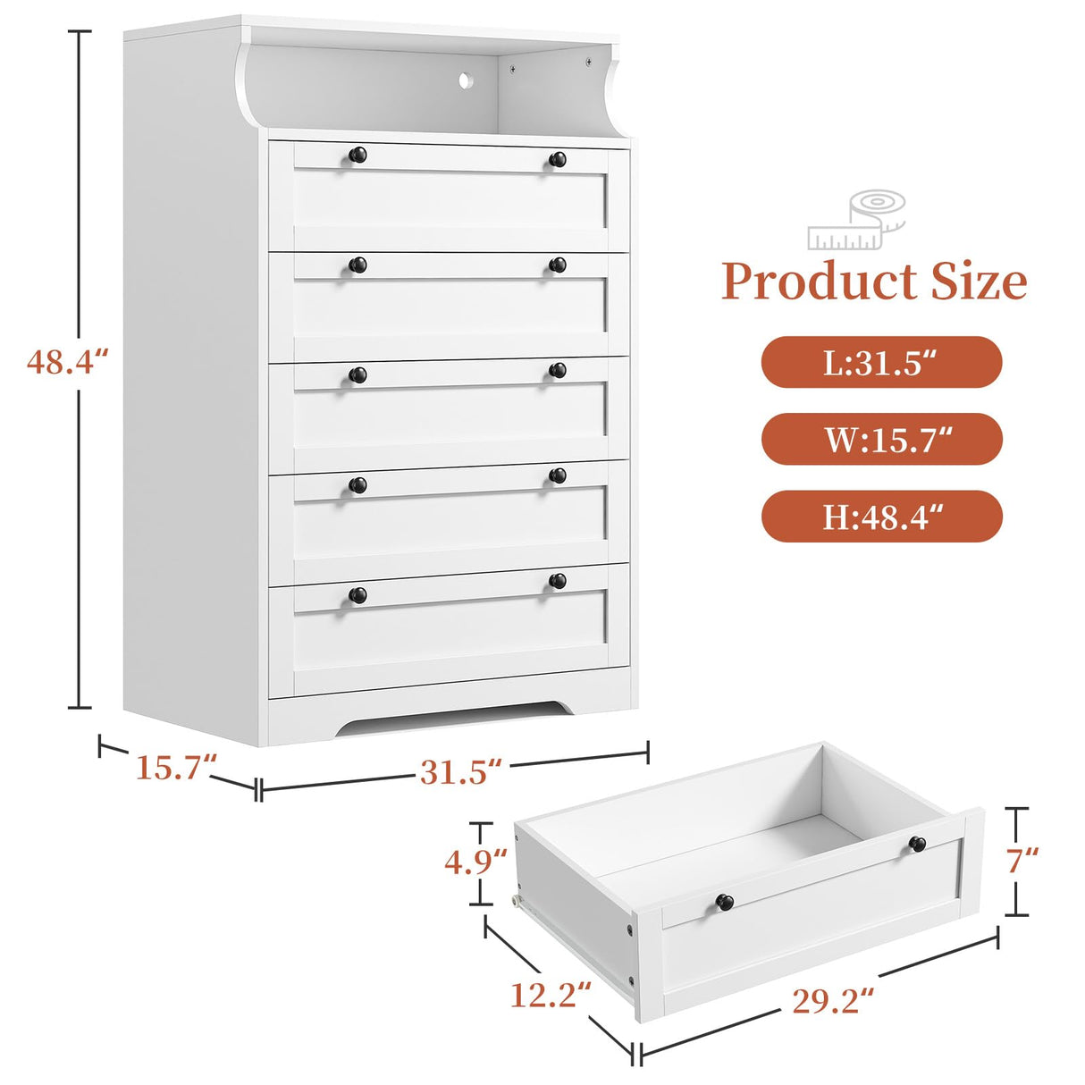 EnHomee Dresser for Bedroom, White Dresser with LED, Tall Dresser with 5 Wood Drawers, White Dresser for Bedroom, Bedroom Dressers & Chests of Drawers, Dressers for Bedroom with Metal Handles EnHomee