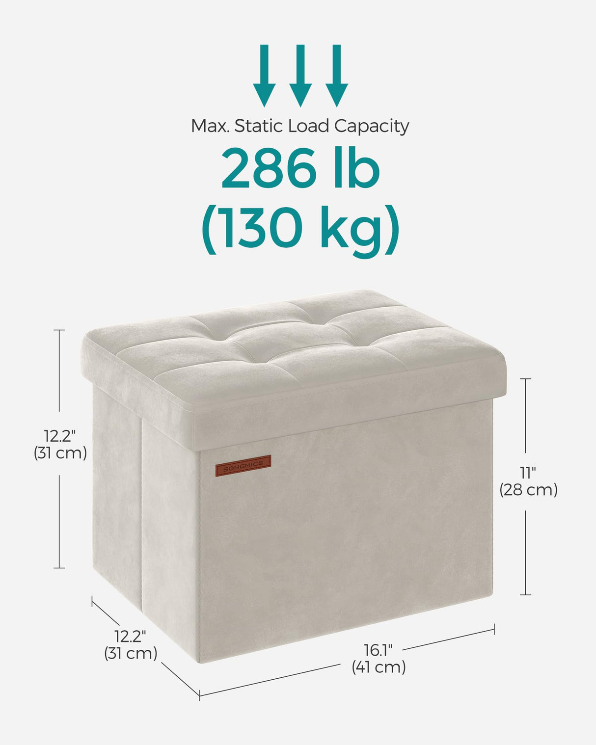 SONGMICS Storage Ottoman, Foldable Small Ottoman Foot Rest, 12.2 x 16.1 Inches Foot Stool, Ottoman with Storage, Load up to 286 lb, for Living Room, Bedroom, Dorm, Cream White ULSF200W01 SONGMICS