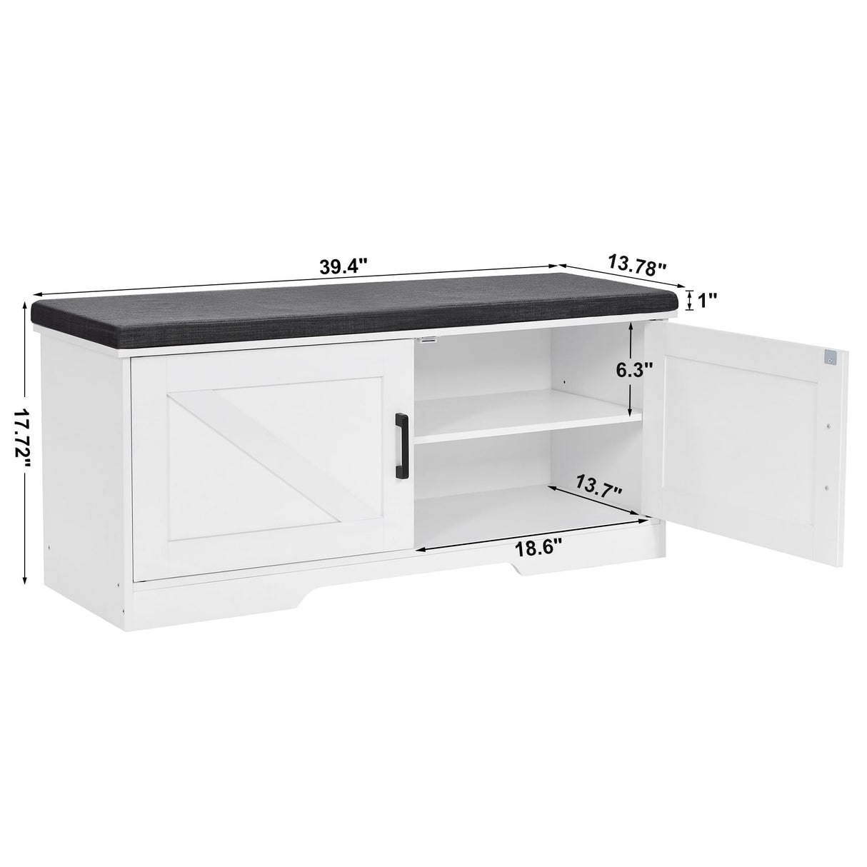 HOMSHO 2-Tier Storage Bench,Shoe Bench with Padded Seat Cushion, Entryway Bench with 2 Barn Doors,Adjustable Shelf, 39.4" L x 13.8" W x 17.7" H, for Entryway, Living Room, Bedroom,White HOMSHO