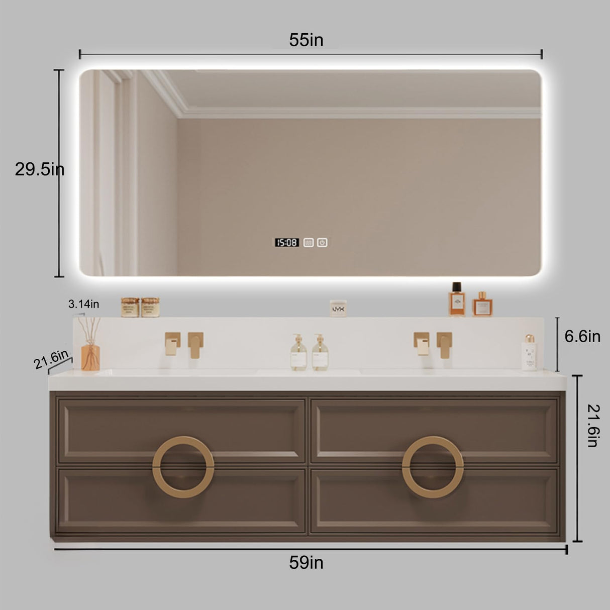 Genpai Bathroom Vanity with Sink Business - 60IN Double Sink Wall Mount Floating | LED Lighted & One-Touch Mirror, Modern Bathroom Vanity, 2 Faucet Genpai