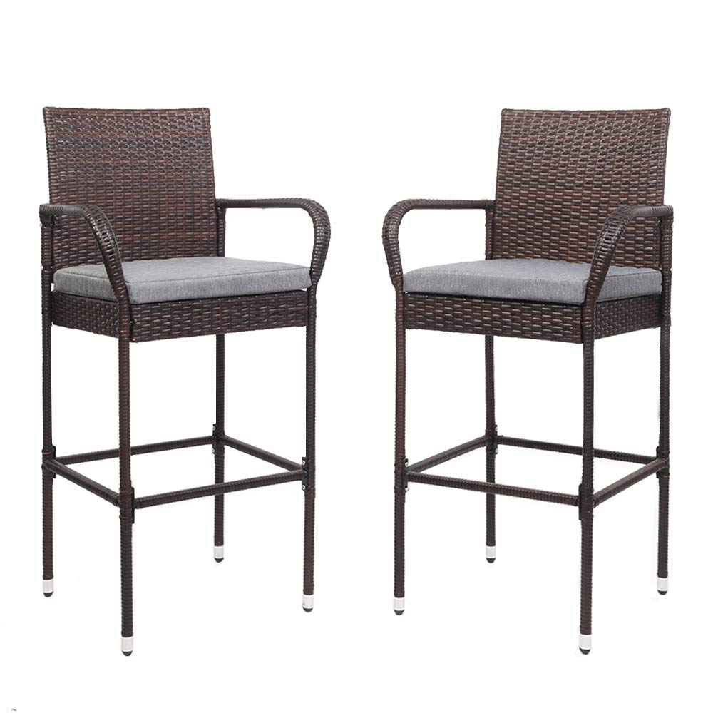 VINGLI Outdoor Bar Stools Set of 2 with Cushions Wicker Bar Stools, Patio Bar Chairs Bar Height Patio Set for Garden Pool Lawn Backyard VINGLI