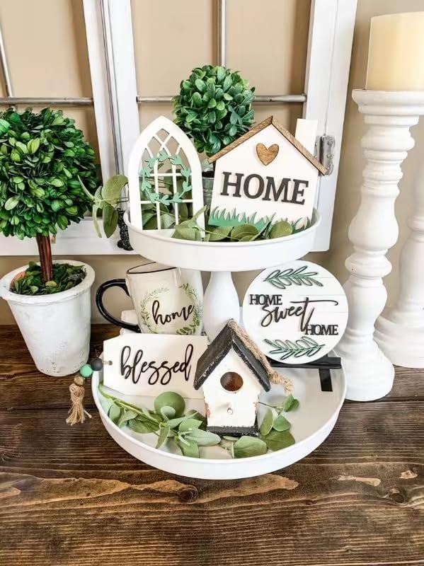 6 Pieces Farmhouse Tiered Tray Decor Beautiful Sweet Home Wood Sign Artificial Plant Rustic Tray Decorations Centerpiece Set for Home & Kitchen Decor(Tiered Tray NOT Included) Jxueych