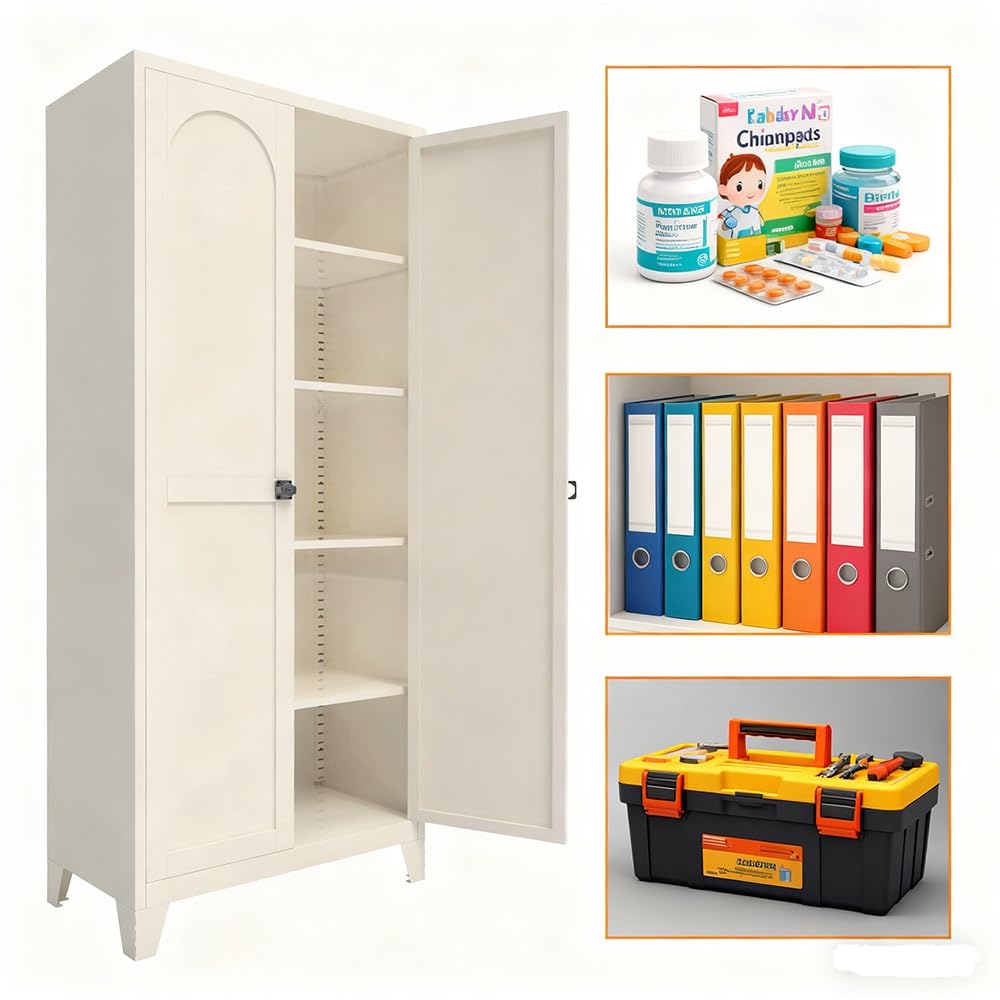 71" Metal Storage Cabinet with Keyless 3-Digit Combination Lock, Adjustable Shelves, Reinforced Steel Body, Magnetic Doors, for Office/Warehouse/Garage(Beige) WoodArtSupply