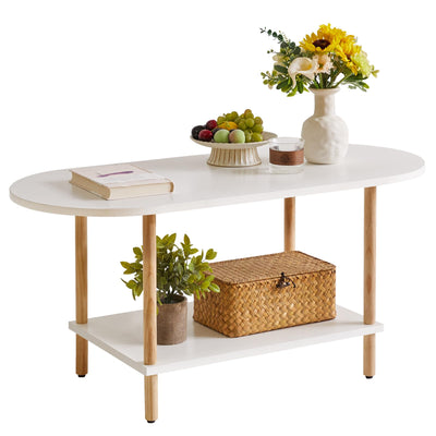 Aibiju Oval Coffee Table White, Small Wooden Coffee Table for Small Space, Tea Table Stand 35 * 16 * 17 inches, 2 Tier Center Table for Living Room White YD-012W