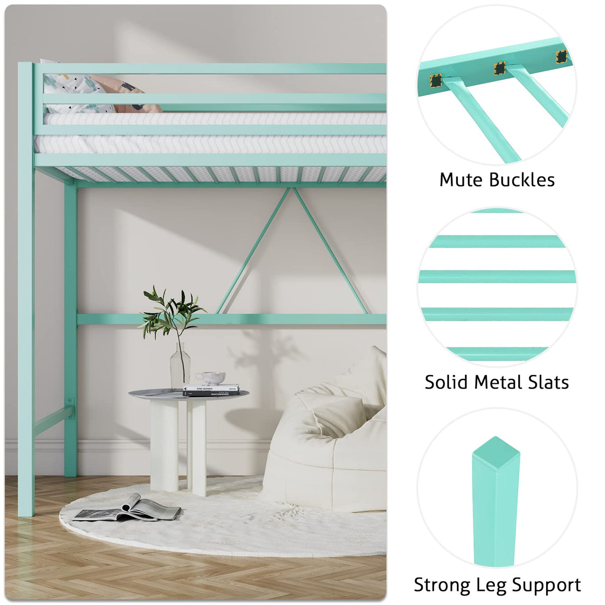 SHA CERLIN Loft Bed Twin Size with Ladder and Guardrail,Heavy Duty Metal Slats Support No Box Spring Needed Small Space Saving Furniture for Bedroom Dorm,Aqua Blue SHA CERLIN