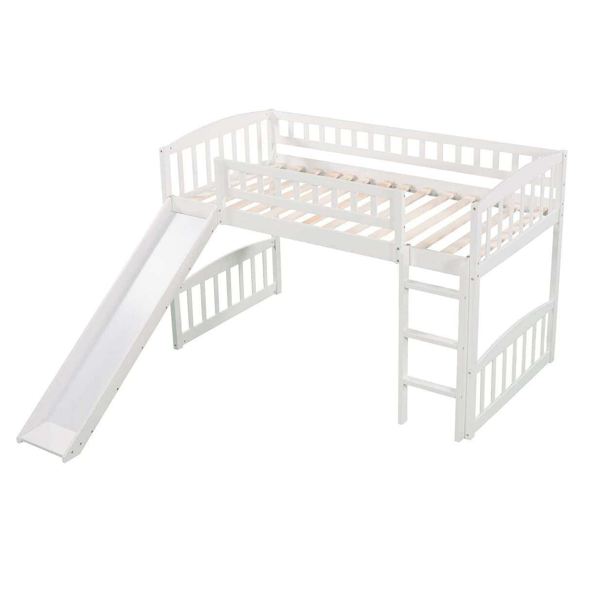 Bellemave Twin Loft Bed with Slide and Ladder, Low Loft Bed for Kids, Wood Loft Bed, for Boys Girls,White Bellemave