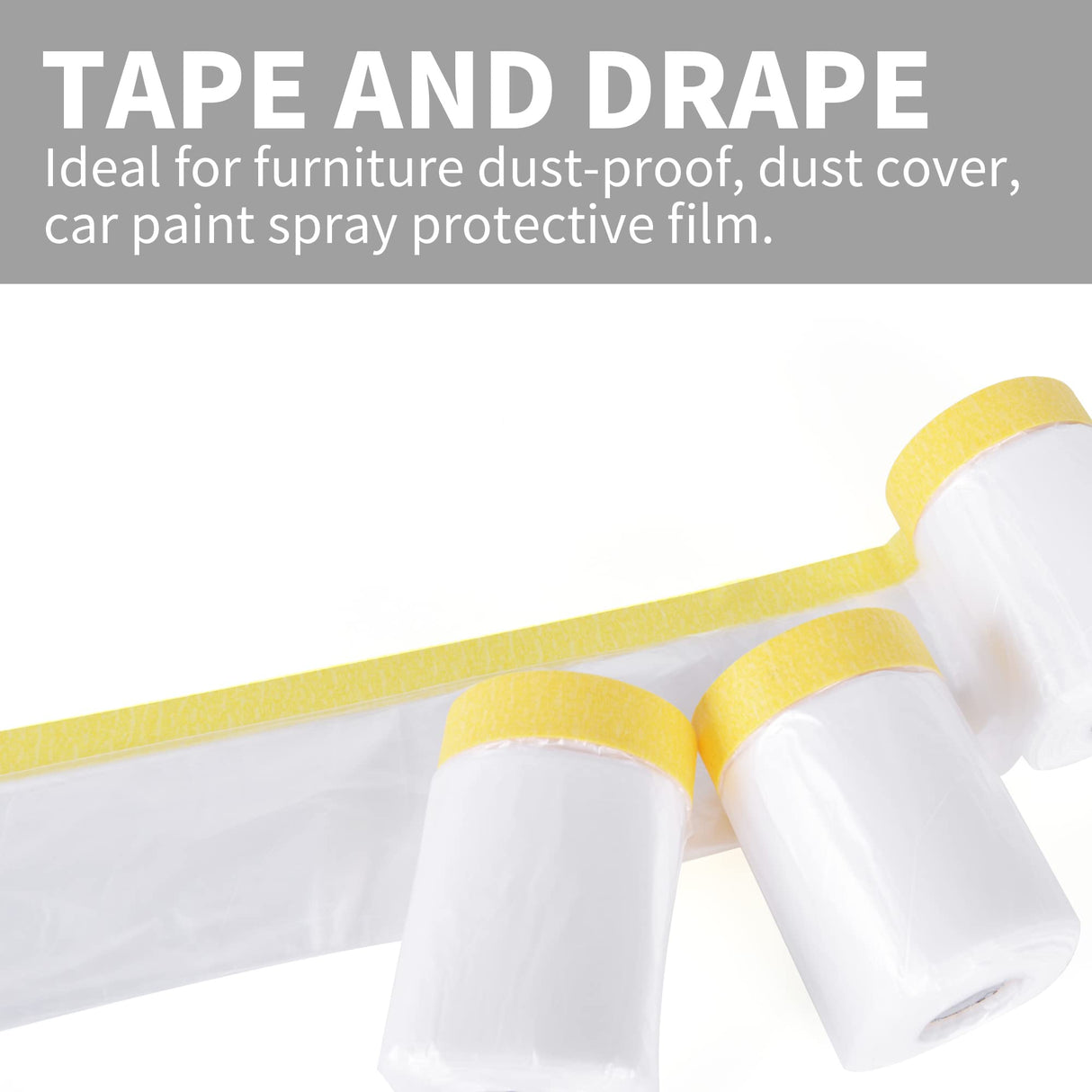 TAPEBEAR Pre-Taped Masking Film, Tape and Drape, Plastic Sheeting Roll, Automotive Painters Masking Tape Film, Plastic Sheeting Cover for Appliance and Furniture, 22inch X 30yard, 3Rolls TAPEBEAR