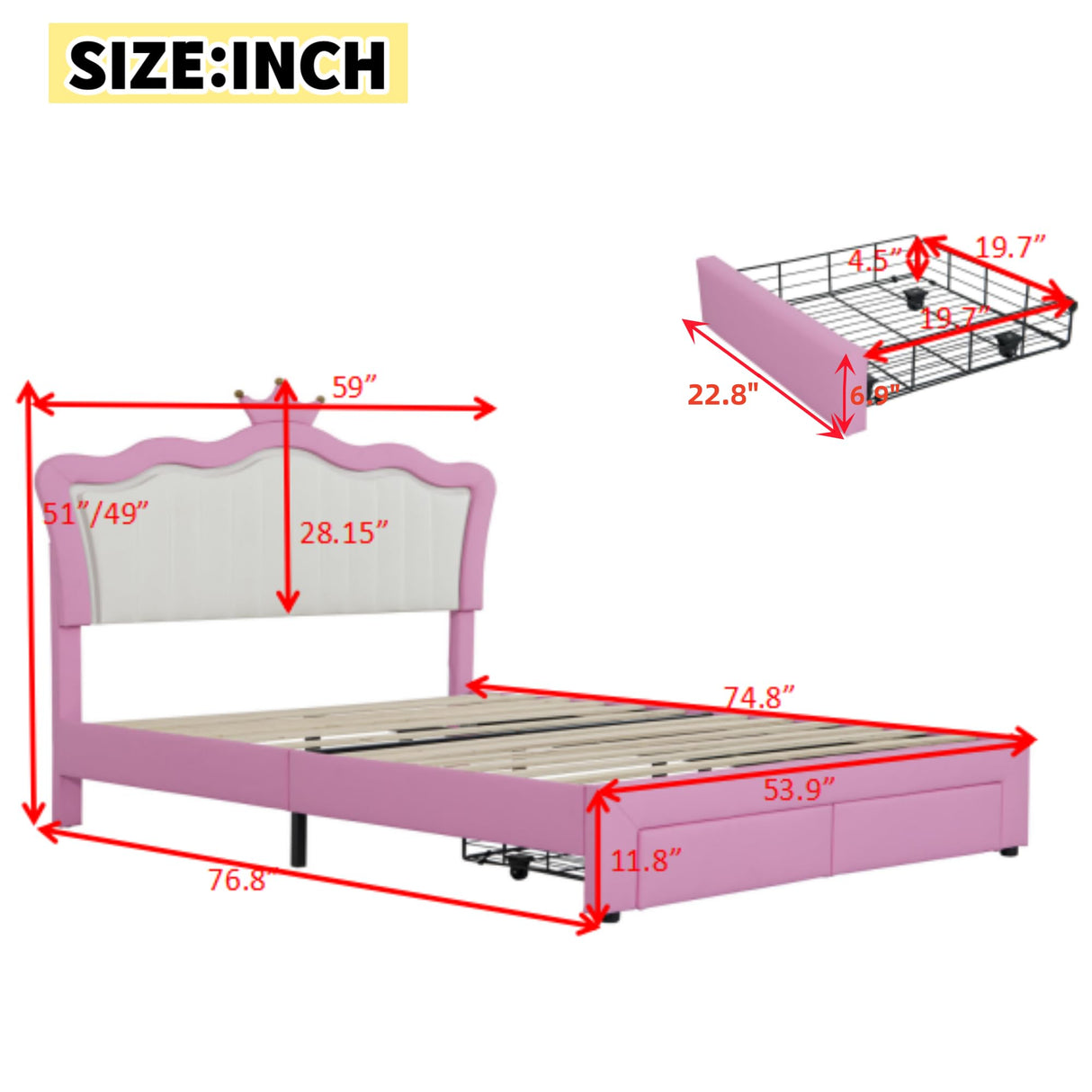 Crown Full Size Princess Bed with Storage Drawers for Girls,Cute Full Size Bed Frame for Kids,Full Upholstered Bed Frame with LED Lights,Girls Bed Full Size,Pink Bellemave