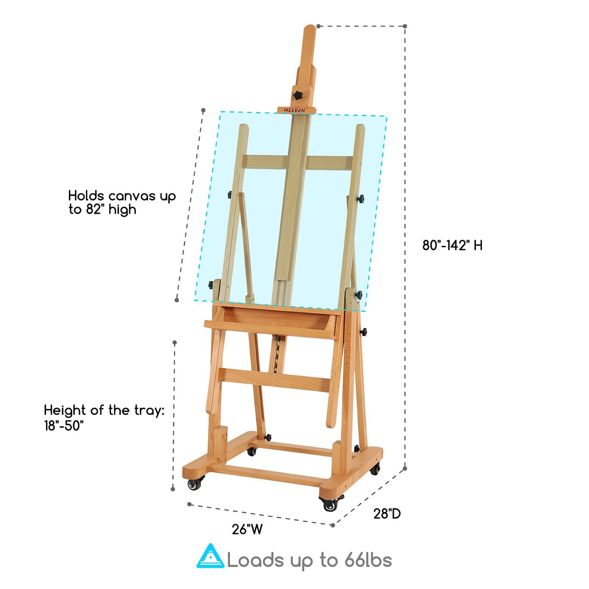 MEEDEN Extra Large Heavy-Duty H-Frame Studio Easel - Solid Beech Wooden Artist Professional Easel, Painting Art Easel Stand with 4 Premium Locking Silent Caster Wheels, Hold Max 82" MEEDEN