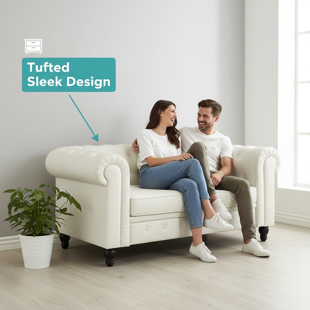 Naomi Home Chesterfield Leather Loveseat, Mini Sofa Love Seat, Small with Rolled Arms, Tufted Cushions 2 Seater Loveseats for Small Spaces, Living Room White Naomi Home