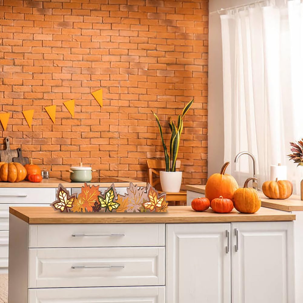 GHOSTMAGIC Lighted Fall Maple Leaves Signs Table Centerpieces Thanksgiving Wooden Block Sign Decorations 3D Wood Autumn Harvest Farmhouse Decor with Led Lights for Home Desk Office Party (Fall Leaves) GHOSTMAGIC