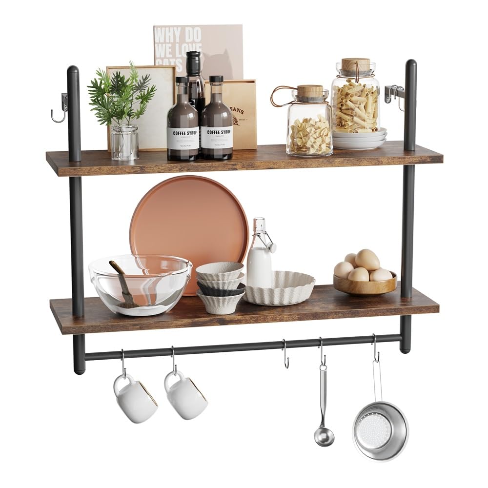 Bestier Pipe Shelf Industrial Floating Shelving 31" Kitchen Wall-Mounted Shelf with Towel Bar Hooks Coffee Bar Shelves Wine Hanging Display Rack Bookshelf Living Room Decor Bathroom-Rustic Brown Bestier