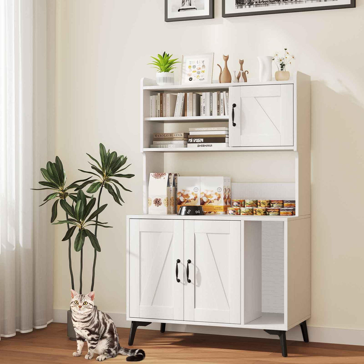 PETSITE Cat Litter Box Enclosure with Storage Shelf, 52 Inches Tall Modern Wooden Hidden Litter Box Furniture with Storage Shelving, Ideal for Indoor Cats (White) PETSITE