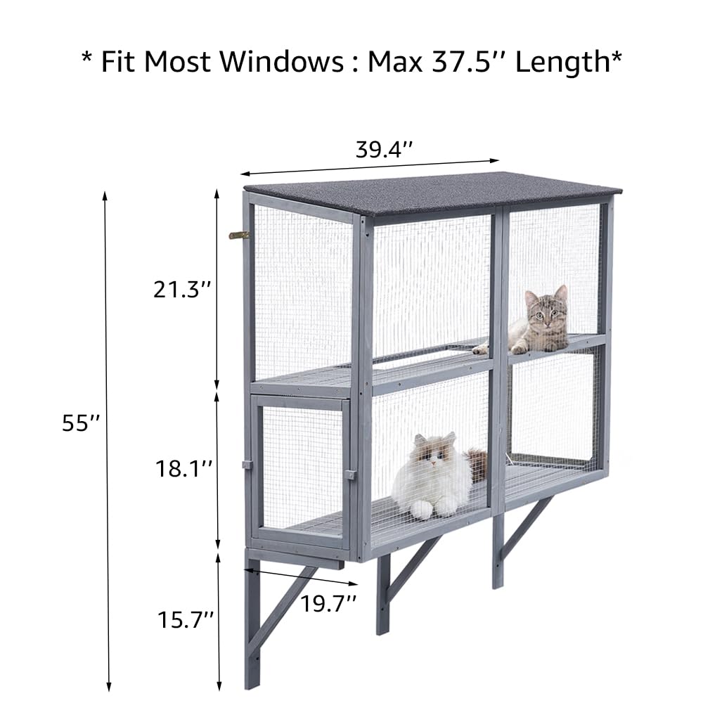 beeNbkks Cat Catio, 2 Tiers Window Box Enclosure for Multiple Indoor Cats, Expandable Wooden Cat Window Perch House, Secure Comfortable Outdoor Haven for Cats, All Weather Use, Nature Friendly Design beeNbkks