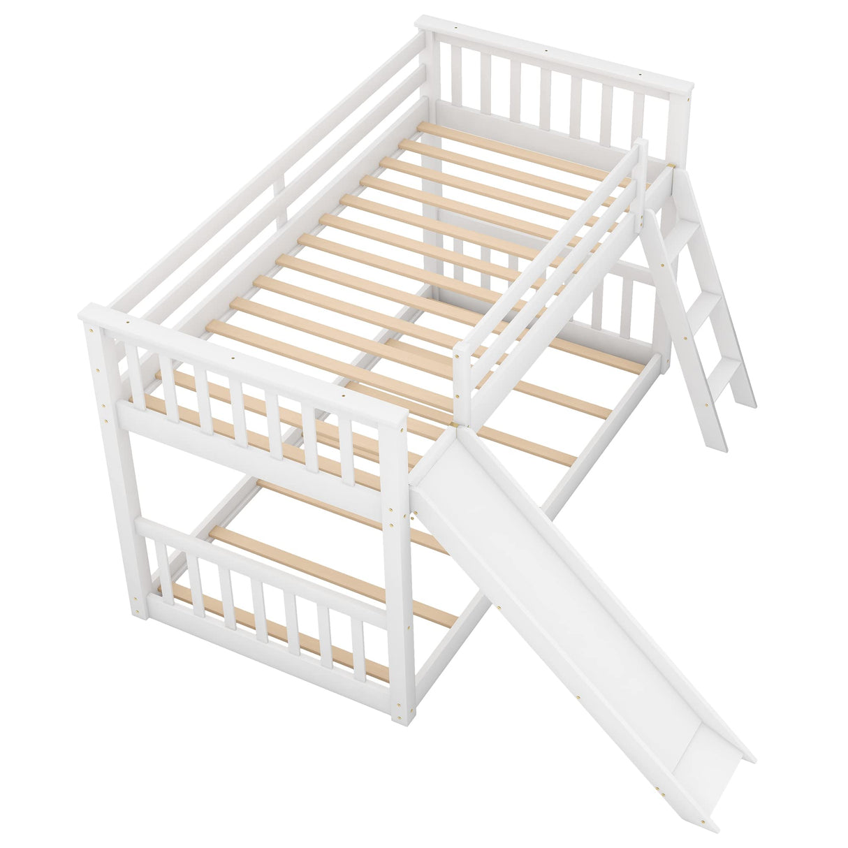 Bellemave Twin Over Twin Low Bunk Bed with Slide and Ladder, Low Bunk Bed for Kids, Girls, Boys, Floor bunk Bed, White Bellemave