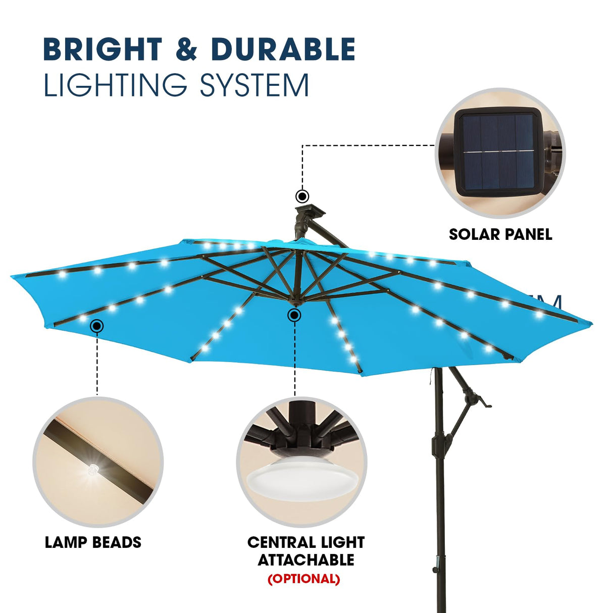 wikiwiki 10FT Solar Patio Offset Umbrella with Base Included, Outdoor Cantilever Umbrella Hanging Umbrellas with Weighted Sandbag Base, Market Patio Umbrella for Backyard, Garden & Deck, Sky Blue wikiwiki