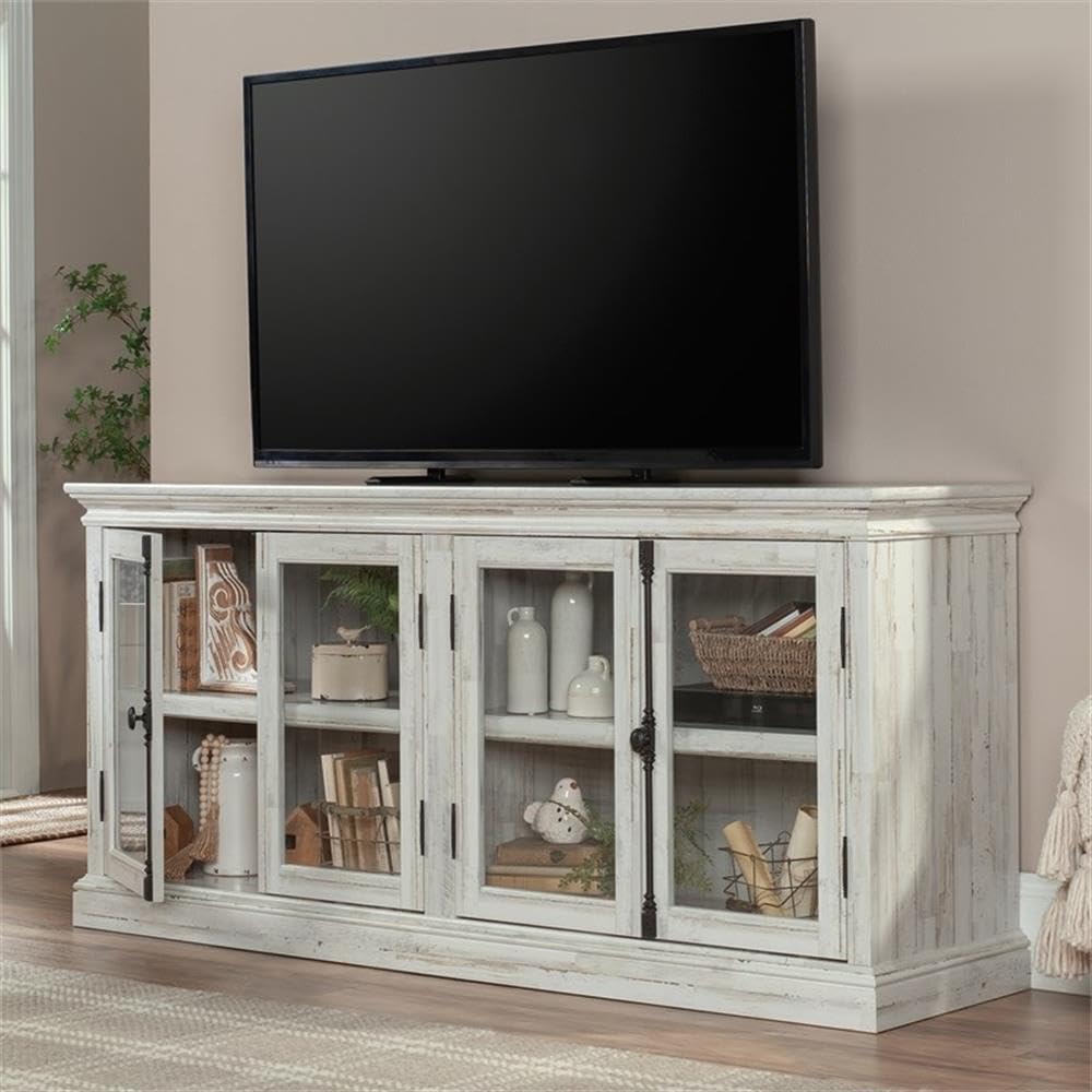 Sauder Barrister Lane TV Stand Console Credenza with Storage Glass Doors, for TVs up to 70", in White Plank Sauder