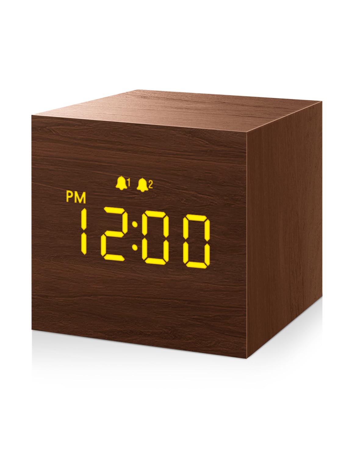 Digital Alarm Clock, with Wooden Electronic LED Time Display, 3 Alarm, 2.5-inch Cubic Small Mini Wood Made Electric Clocks for Bedroom, Bedside, Desk, Brown JALL