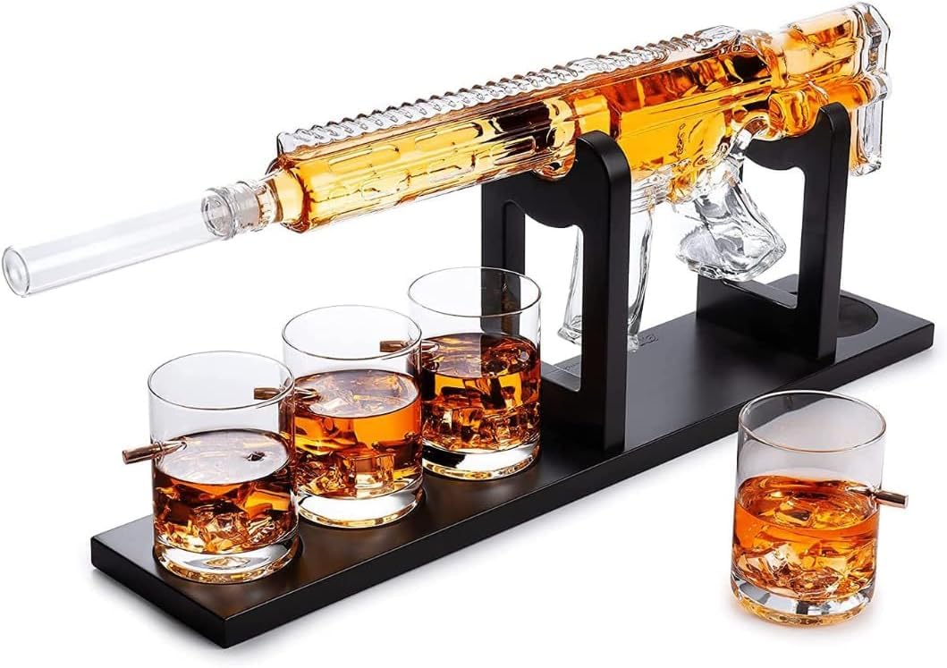 Gifts for Men Dad, Whiskey Decanter Set - Gun AR Limited Edition, Silencer Stopper - 800 ml & 12oz Bullet Glasses - Father Winter Birthday Gift - Drinking Party, Liquor, Vodka Tik Tok Gun Decanter The Wine Savant