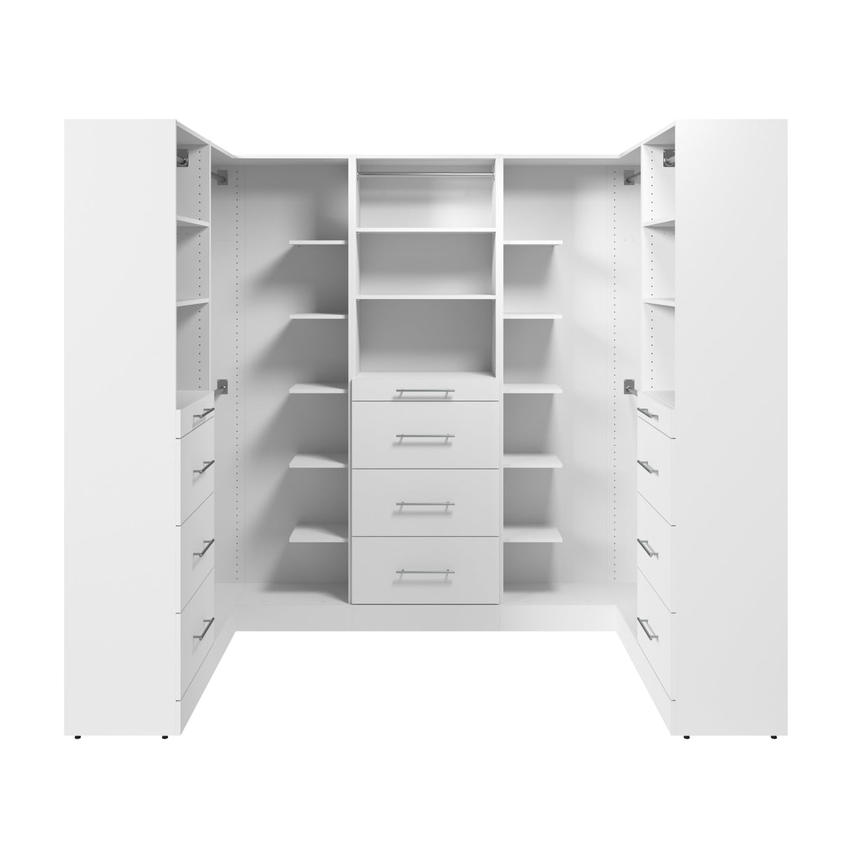 Bestar 95W x 61D Modular U-Shaped Closet Organizer System, Walk-in Closet with Rods, Shelves, and Drawers, Slab Style, Florence Collection, White Bestar