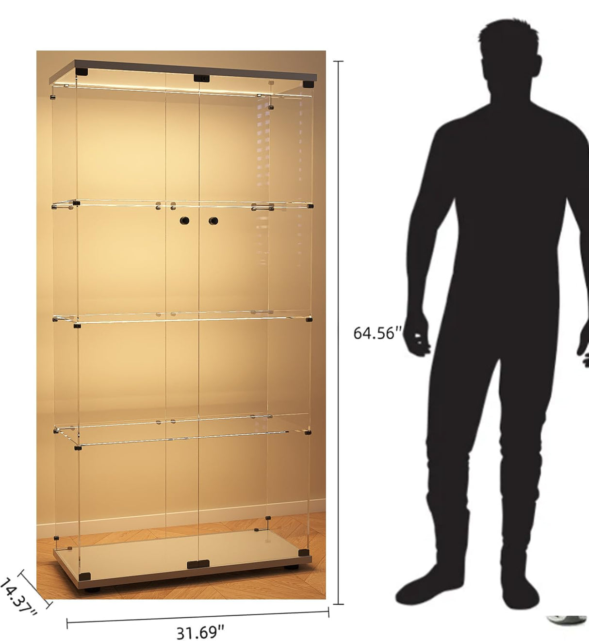 Modern 4-Tier Glass Display Shelf with 2 Doors, Curio Cabinet Collection - Floor Standing Display Case for Living Room, Bedroom, Home Office - 30" W x 14.5" D x 64" H (White with LED Light Strip) Zacis