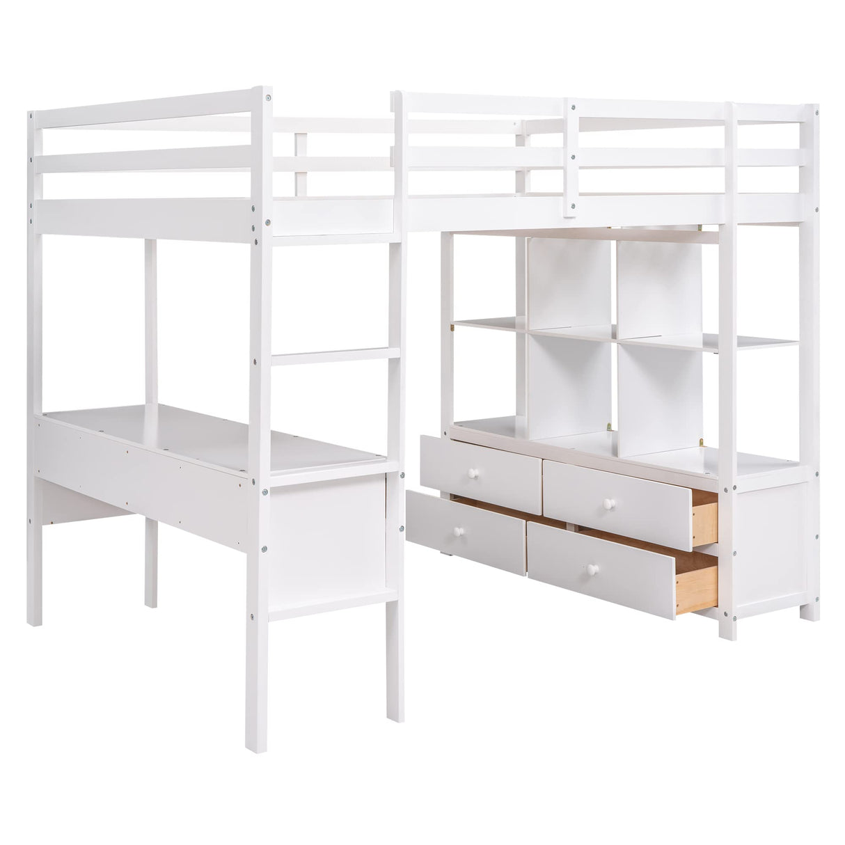 Merax Full Size Loft Bed with Built-in Desk, Drawers, and Storage Solutions in White Merax