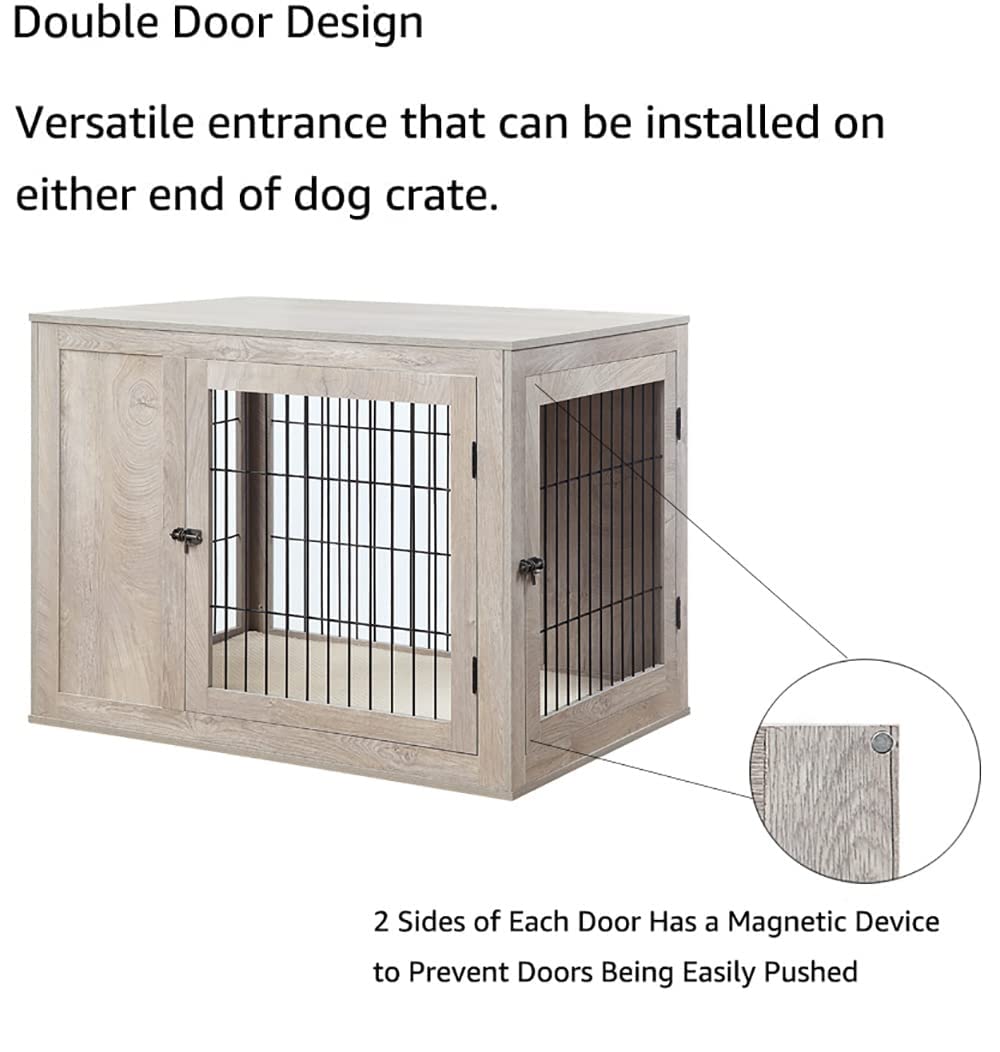 unipaws Furniture Style Dog Crate for Medium Large Dogs, Indoor Aesthetic Dog Stuff Kennel, Modern Decorative Wood Wire Pet House Dog Cage, Pretty Cute End Side Table Nightstand, Weathered Grey unipaws