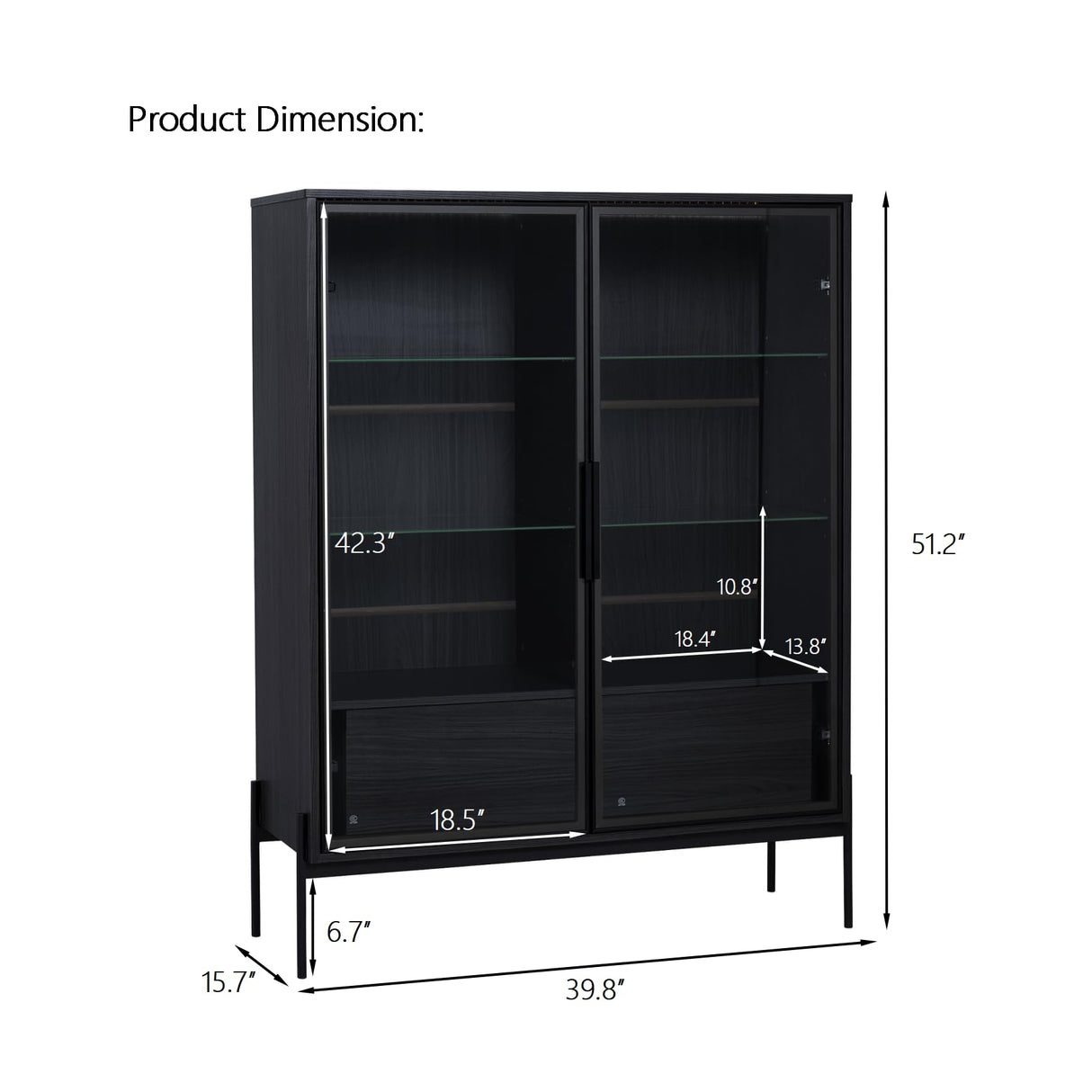 THINK 30 51.2'' Tall Lighted Display Cabinet with Tempered Glass Door, Adjustable Glass Shelves, Metal Legs, LED Modern Minimalist Curio Cabinet for Living Room, Office, Study, Black THINK 30