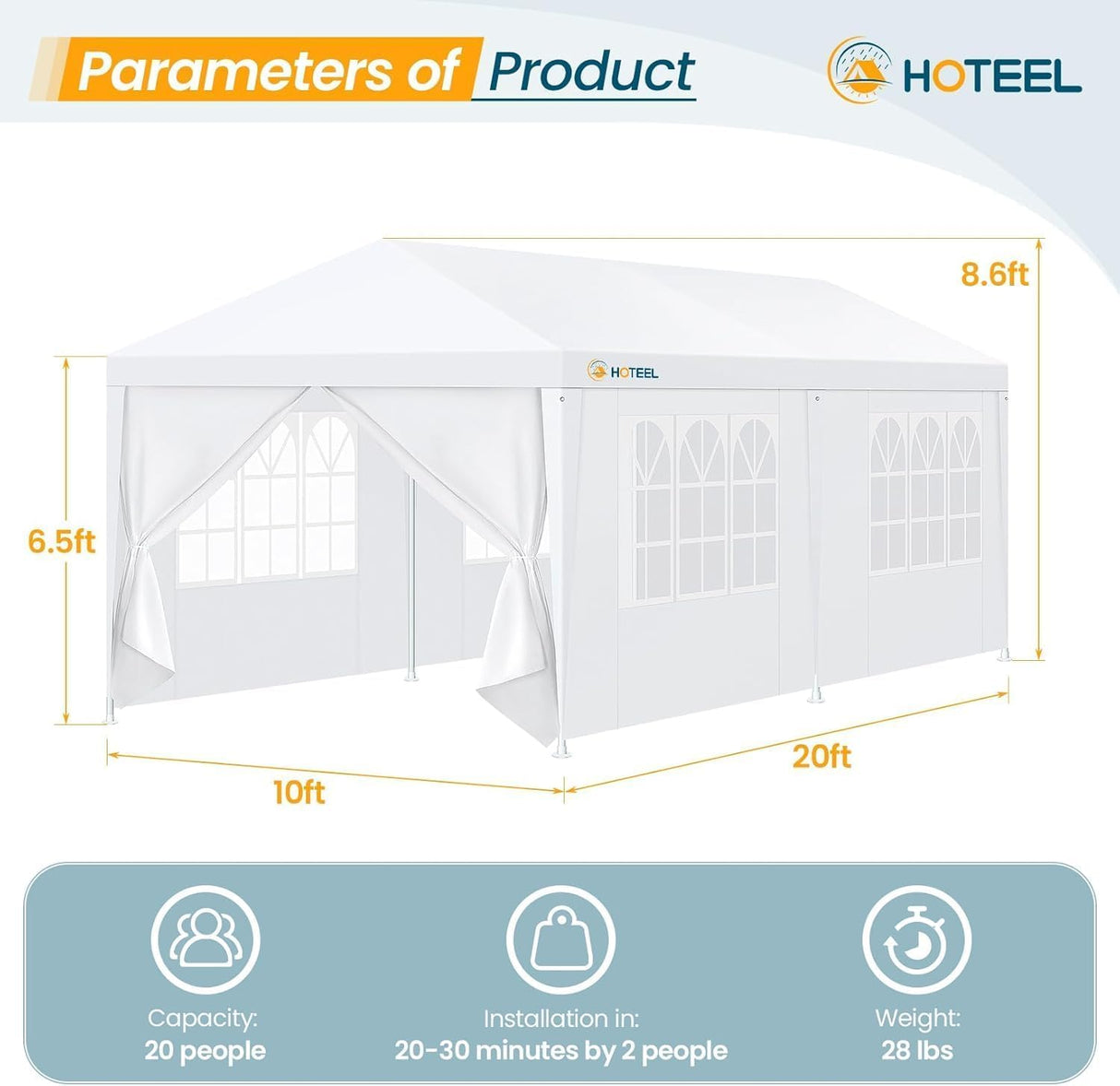 HOTEEL 10'x20' Outdoor White Waterproof Gazebo Canopy Party Tent with 4 Removable Sidewalls Windows Carpas para Patio for Weddings Events Beach BBQ Parties Hoteel