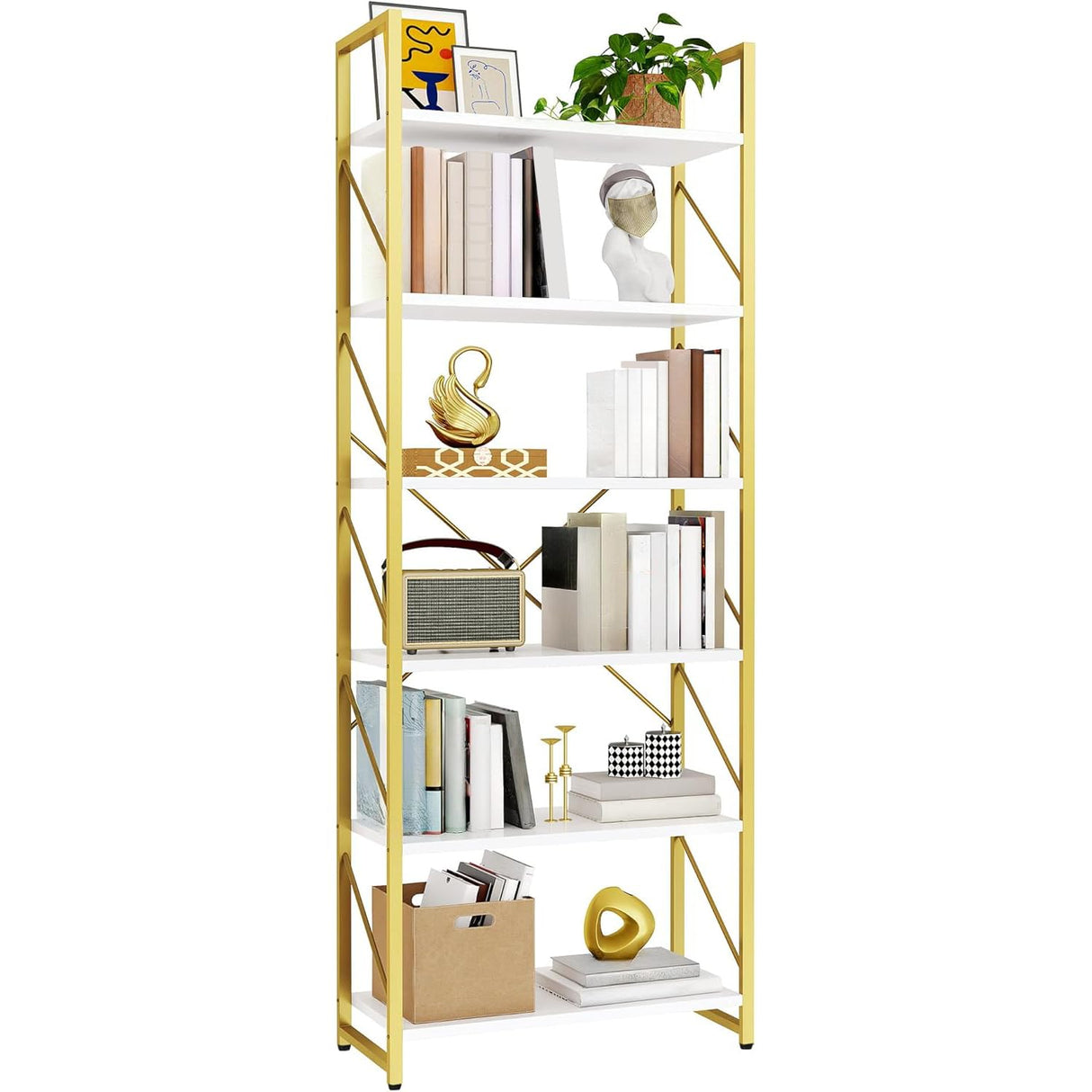 YITAHOME Tall Bookshelf 6 Tier Bookcase, Modern Gold Book Shelf, Open Display Storage Rack Shelves for Living Room/Bedroom/Home/Office/Kitchen, Holder Organizer for Books/Movies, White & Gold YITAHOME