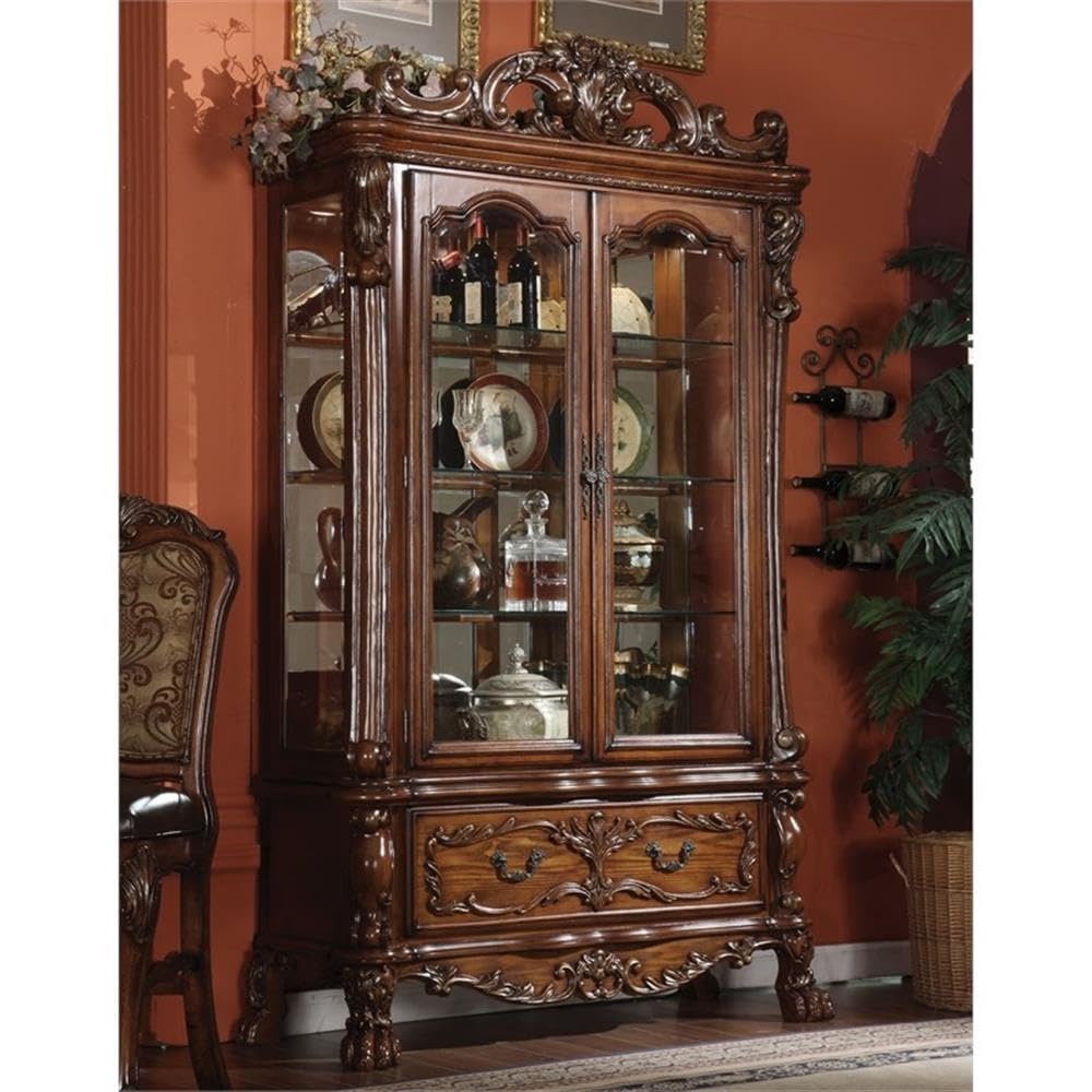 Acme Dresden 2-Door Curio Cabinet with Claw Leg in Cherry Oak Wood Acme