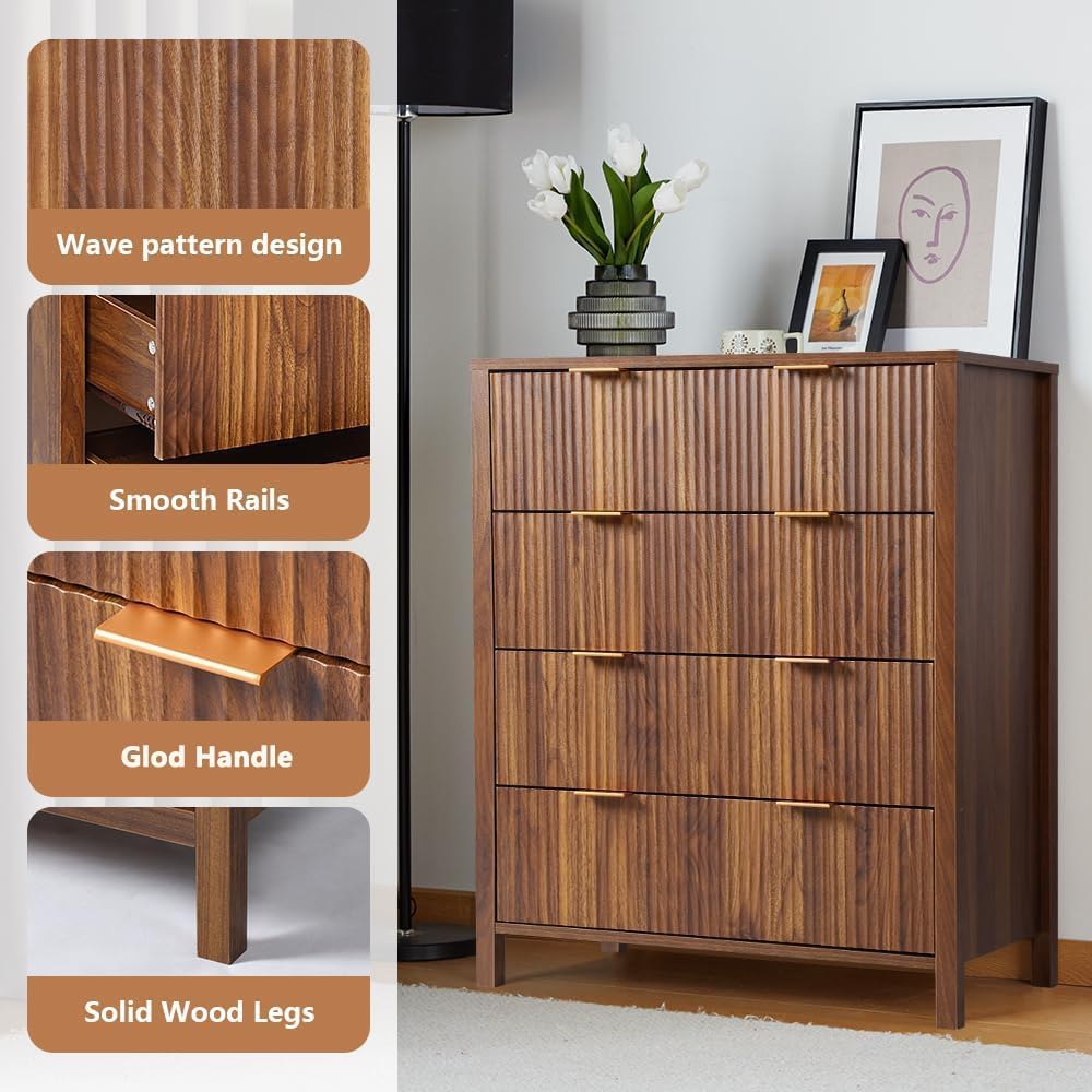 affeivul Mid Century Modern Dresser, 4 Drawer Dresser for Bedroom Wood, Farmhouse Wooden Storage Cabinet Side Table with Solid Wood Legs, Tall Skinny Dresser for Closet, Living Room (Walnut) affeivul
