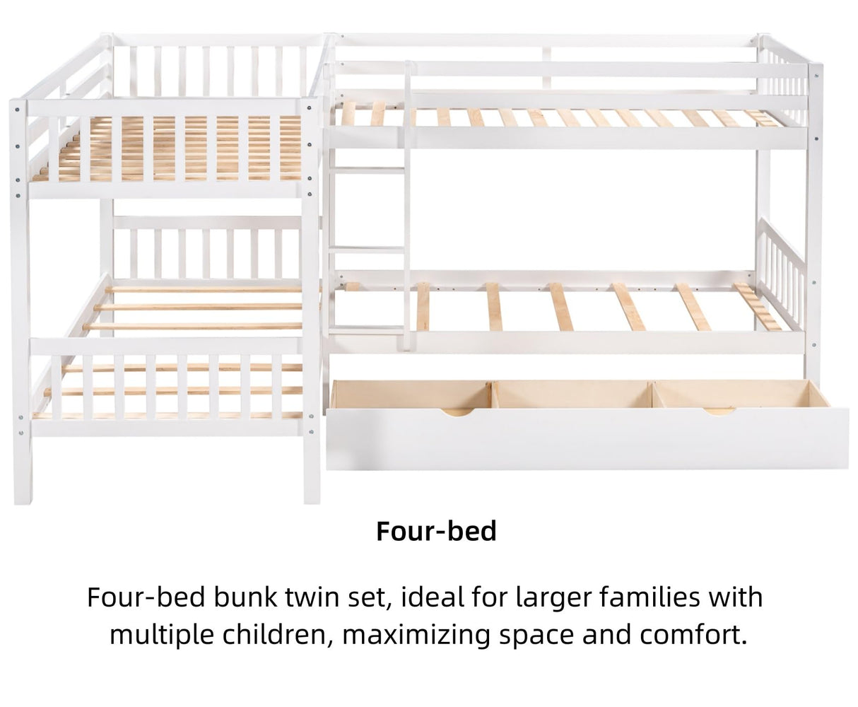 Merax Kids L-Shaped Bunk Bed Twin Over Twin with Drawers, Wood Low Floor Bunkbed Featuring Stairs Guardrail for Boys, Girls, Toddlers, No Box Spring Required, White Merax
