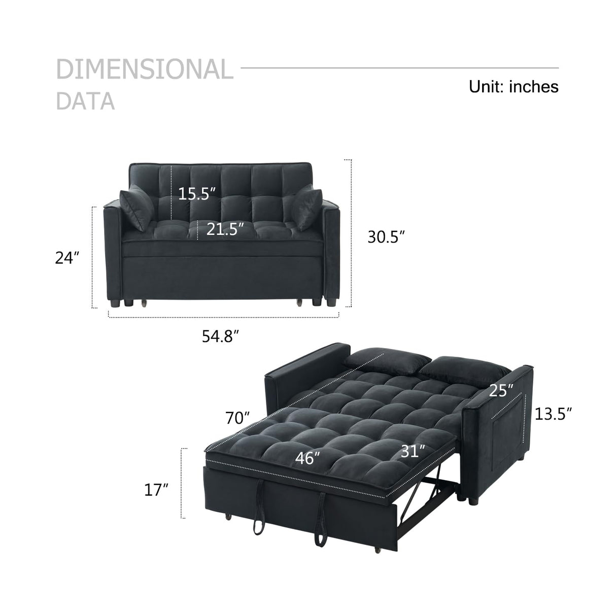 ECHINGLE Sleeper Sofa Bed, 3-in-1 Velvet Pull Out Couch with Armrests, Storage Pockets and 2 Pillows, Adjustable Backrest, Sofa Bed Couch for Living Room, Bedroom(Black) ECHINGLE