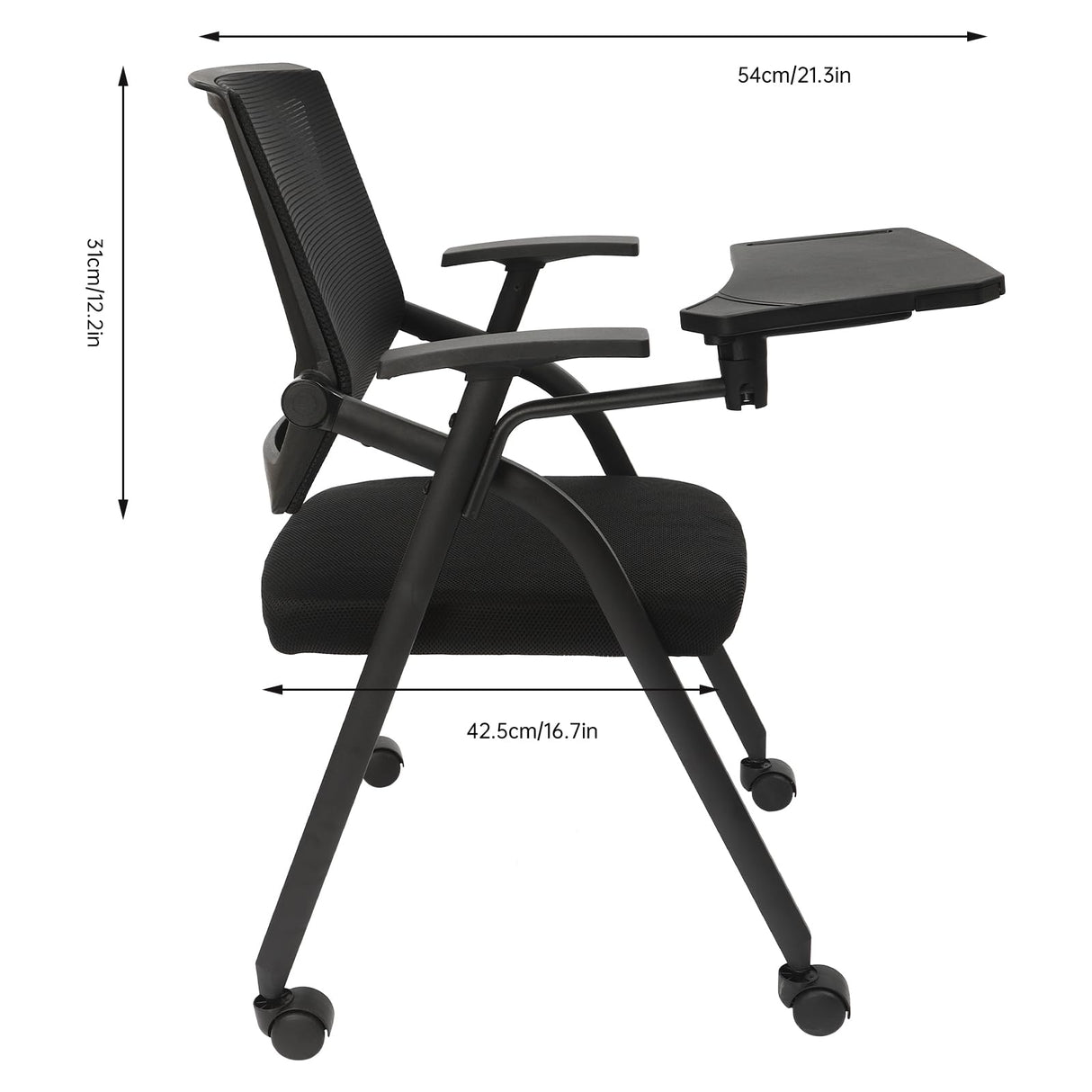 Kreiaoer Folding Office Chair with Tablet and Caster Wheel, Mesh Guest Reception Chairs with Arm, Rolling Chair for Office, School, Training Conference Waiting Room (Black) Kreiaoer